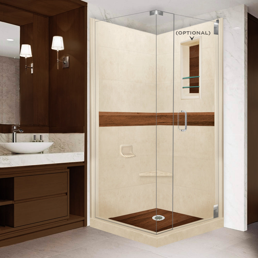 DIY Shower Remodel Kit - Corner Desert Sand Sistine Stone & Burnt Oak Wood Accent Panel for Bathroom Renovation | Waterproof & Easy Installation | Perfect for Modern Home Spa Upgrades