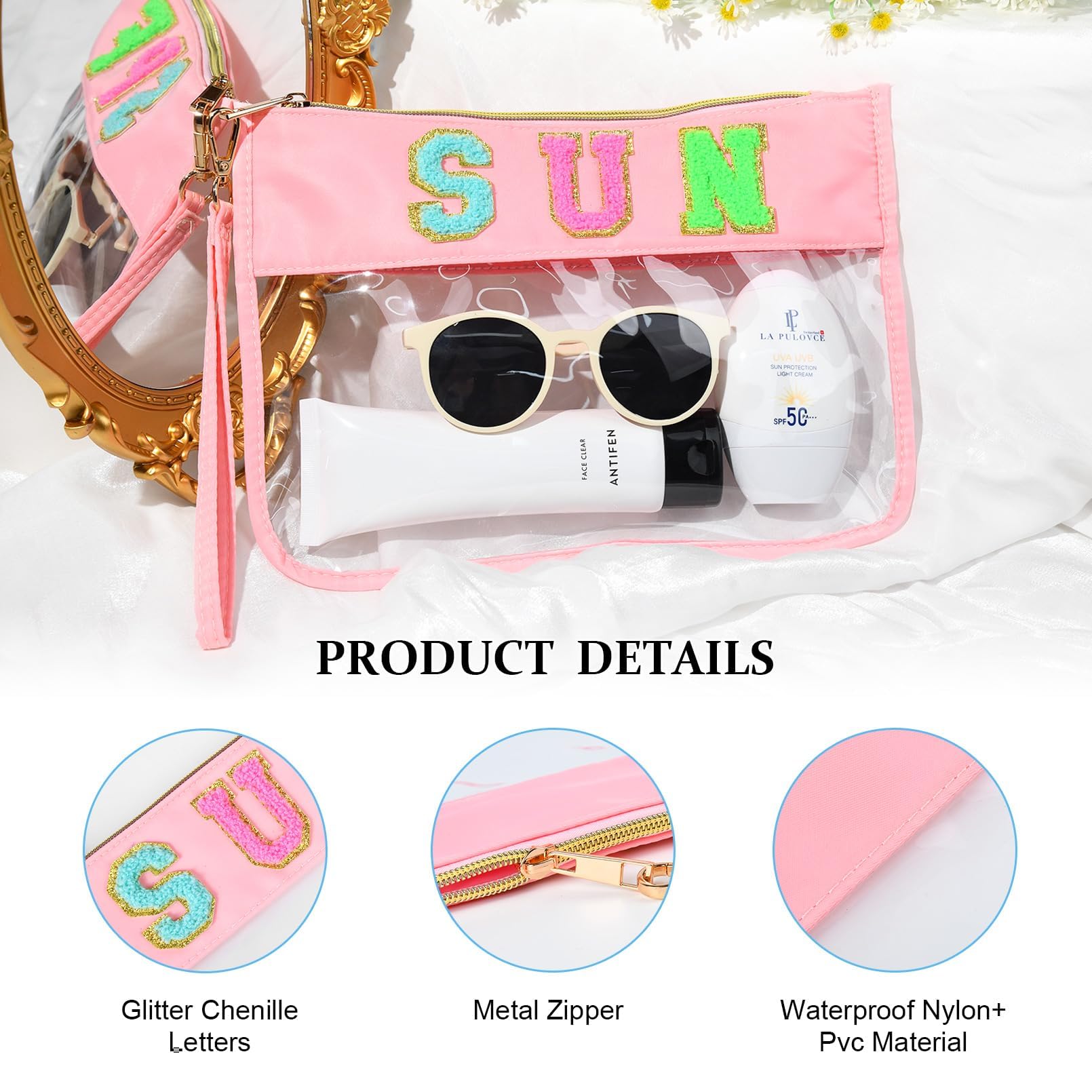 SOIDRAM SUN Bag Chenille Letter Makeup Bag - Clear Travel Zipper Nylon Cosmetic Pouch Organizer for Sunscreen & Toiletries | Waterproof Summer Travel Gifts for Women | Perfect for Beach Trips, Gym & Daily Essentials Storage