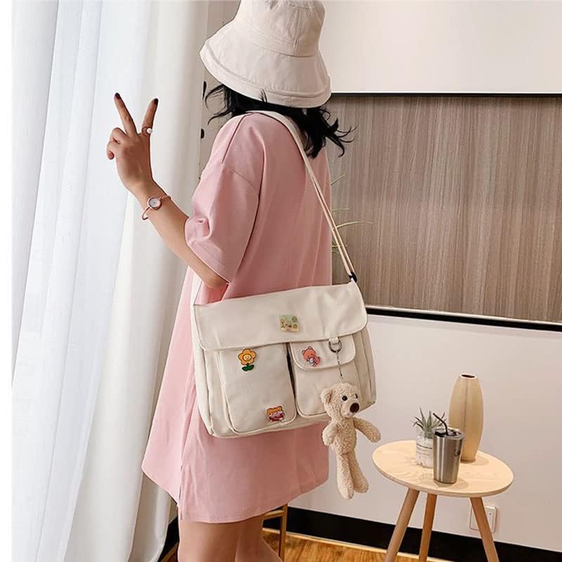 Stylish Canvas Crossbody Bag for Women - Cute Messenger Purse with Pins & Pendant - Fashionable Shoulder Bag for School, Work & Daily Use