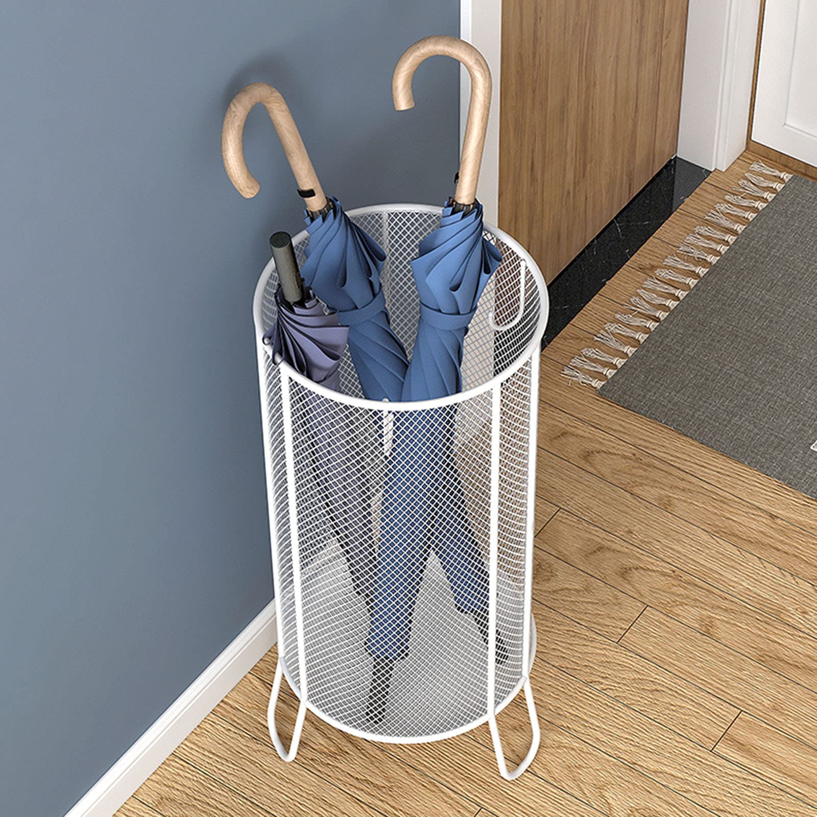 Round Metal Umbrella Stand with Mesh Basket - Freestanding Holder for Canes & Walking Sticks - Durable Home & Office Organizer - Perfect for Entryway, Patio, and Garden Storage