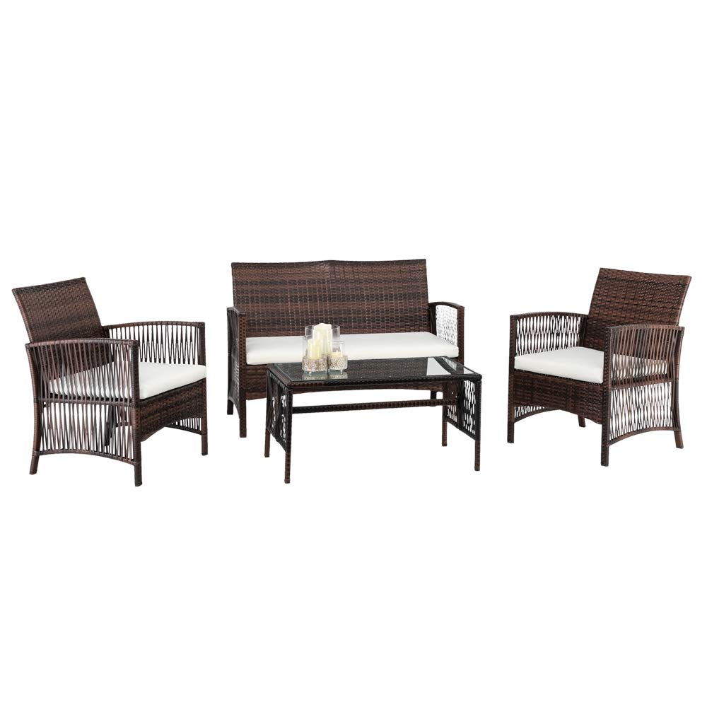 4-Piece Patio Furniture Set, Outdoor Rattan Sofa Set with Coffee Table & Soft Cushions, All-Weather Wicker Sectional with Tempered Glass Table for Poolside, Garden, Balcony or Backyard (Brown) - Perfect for Relaxing, Entertaining & Outdoor Dining