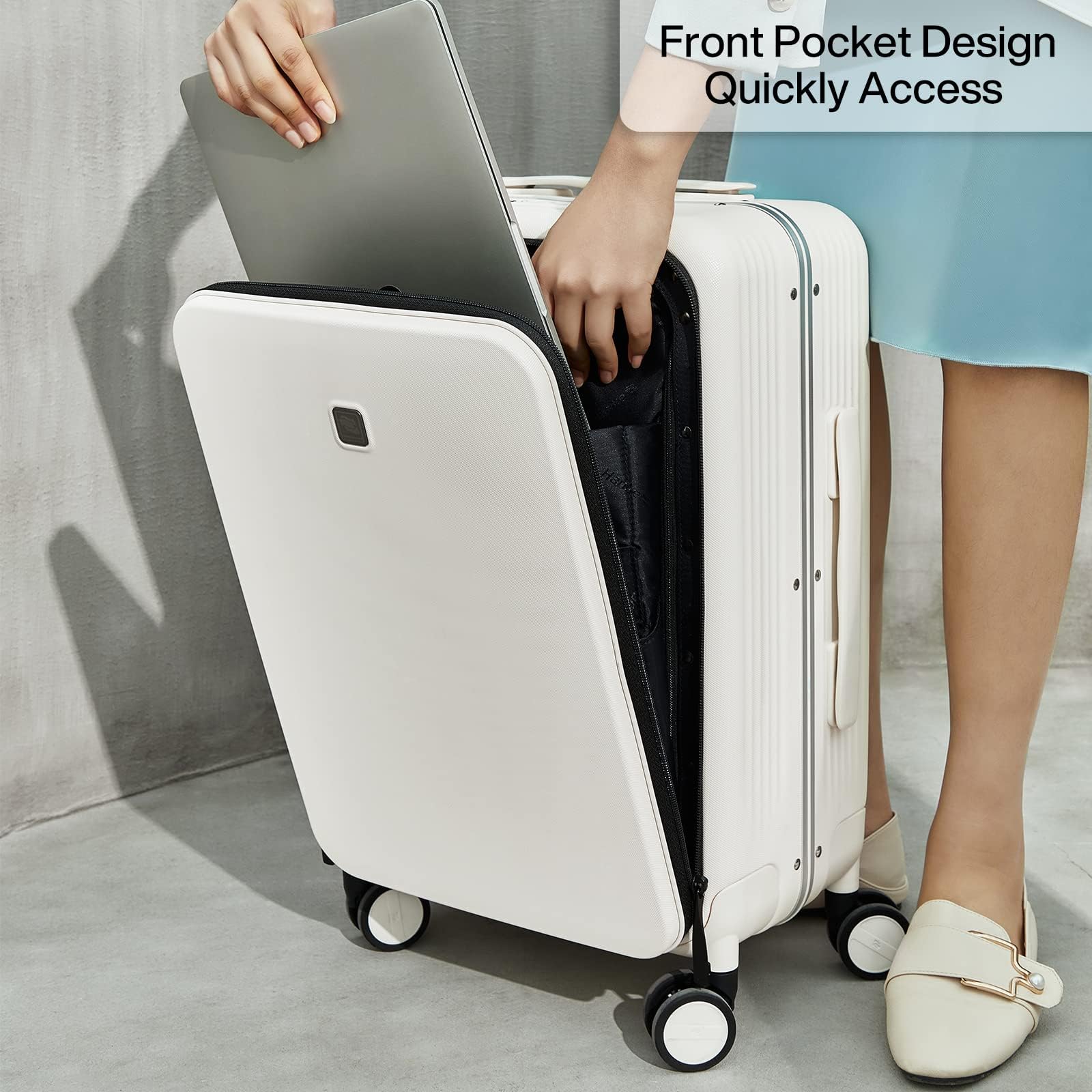 Hanke Grace 20 Inch Aluminum Frame Hard Shell Carry On Suitcase with Wheels - Airline Approved Luggage with Front Pocket for Business Travel, Short Trips & Weekend Getaways (Smoke White) - Perfect for Business Professionals & Frequent Flyers