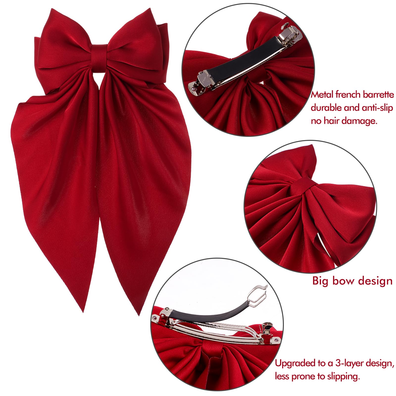 3PCS Large Silky Satin Hair Bows & Clips with Long Tails - Elegant Metal Barrettes for Women & Girls (Black/White/Red) | Perfect for Weddings, Parties & Everyday Hair Styling