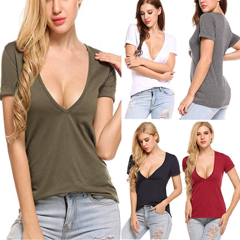 Women's Sexy Summer T-Shirts - Solid Deep V Neck Casual Tee Shirts, Short Sleeve Loose Basic Tank Tops for Beach, Party & Everyday Wear