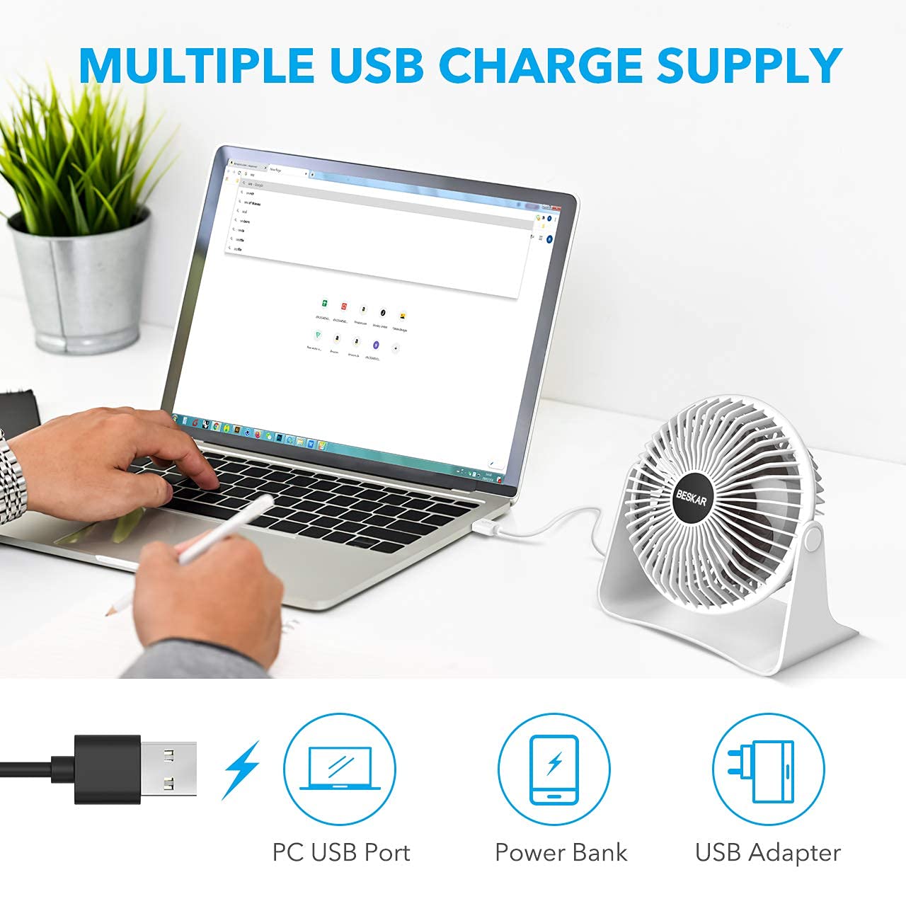 2-Pack Small Desk Fan & Clip-On Fan - Portable USB Mini Fan for Office, Home, Bedroom - Quiet Cooling Fan for Work, Study & Travel - White