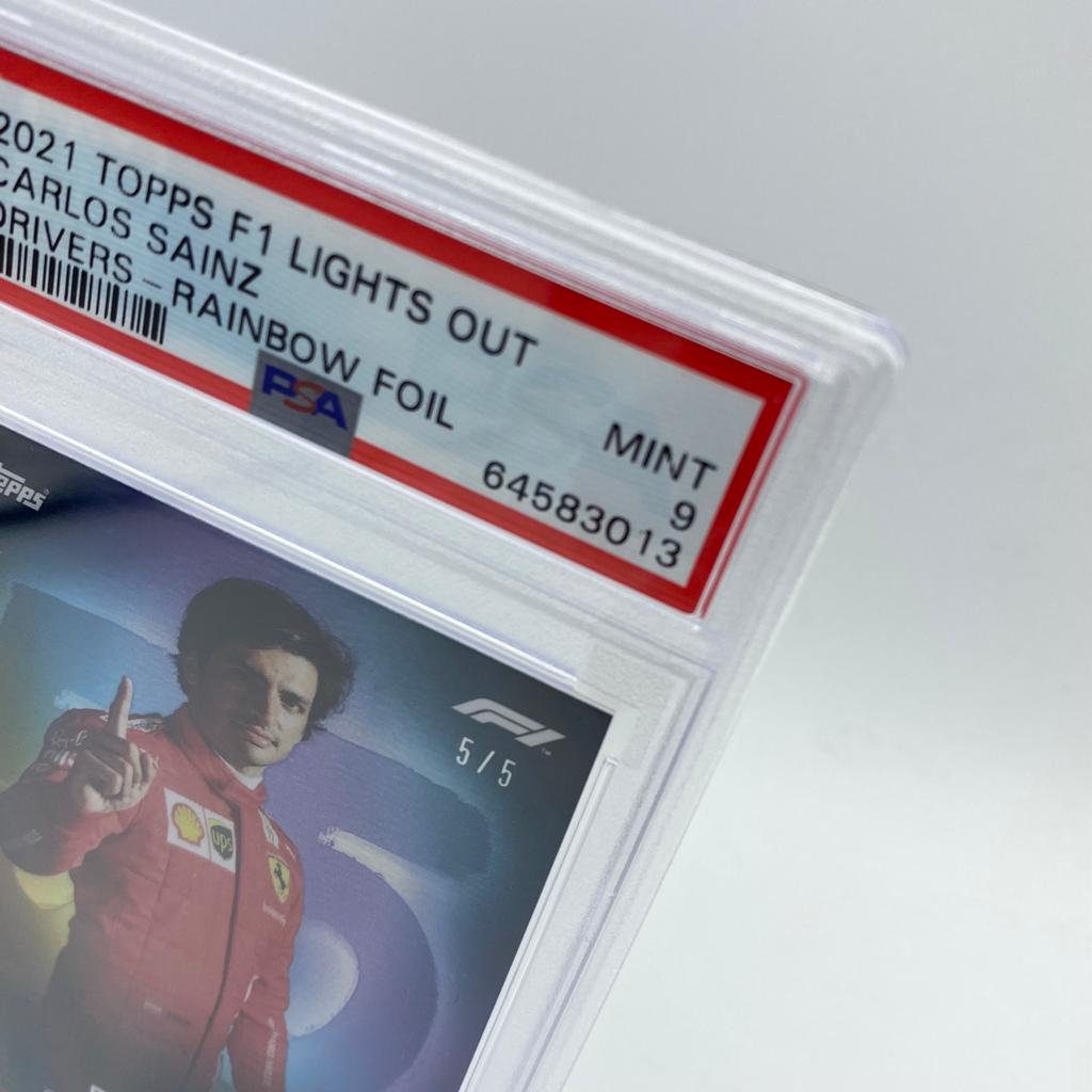 PSA 9 Graded 5/5 Carlos Sainz F1 Driver Rainbow Foil Trading Card - Perfect for Collectors, Sports Memorabilia & Formula 1 Fans