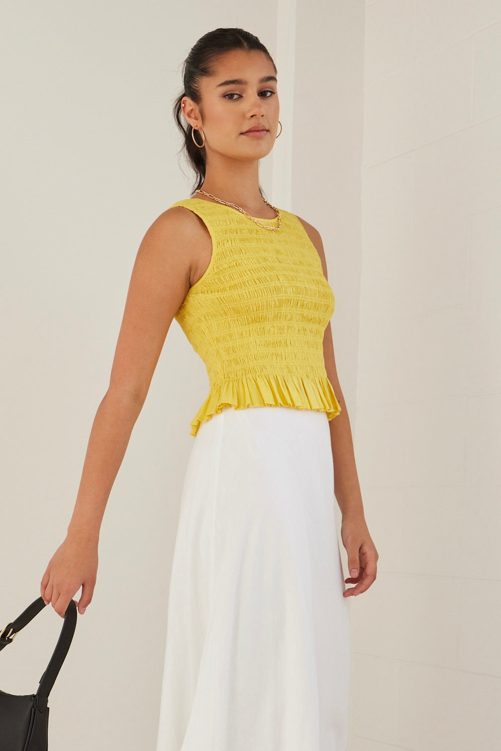Stylish Sunshine Yellow Shirred Poplin Sleeveless Shell Top for Women | Summer Casual Wear, Beach Outfits & Vacation Essentials