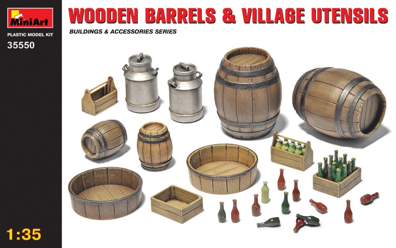 1:35 Scale Wooden Barrels & Village Utensils Plastic Model Kit - Miniature DIY Craft Supplies for Warhammer, Diorama, Train & Village Scenes - Multicolor Small Building Accessories