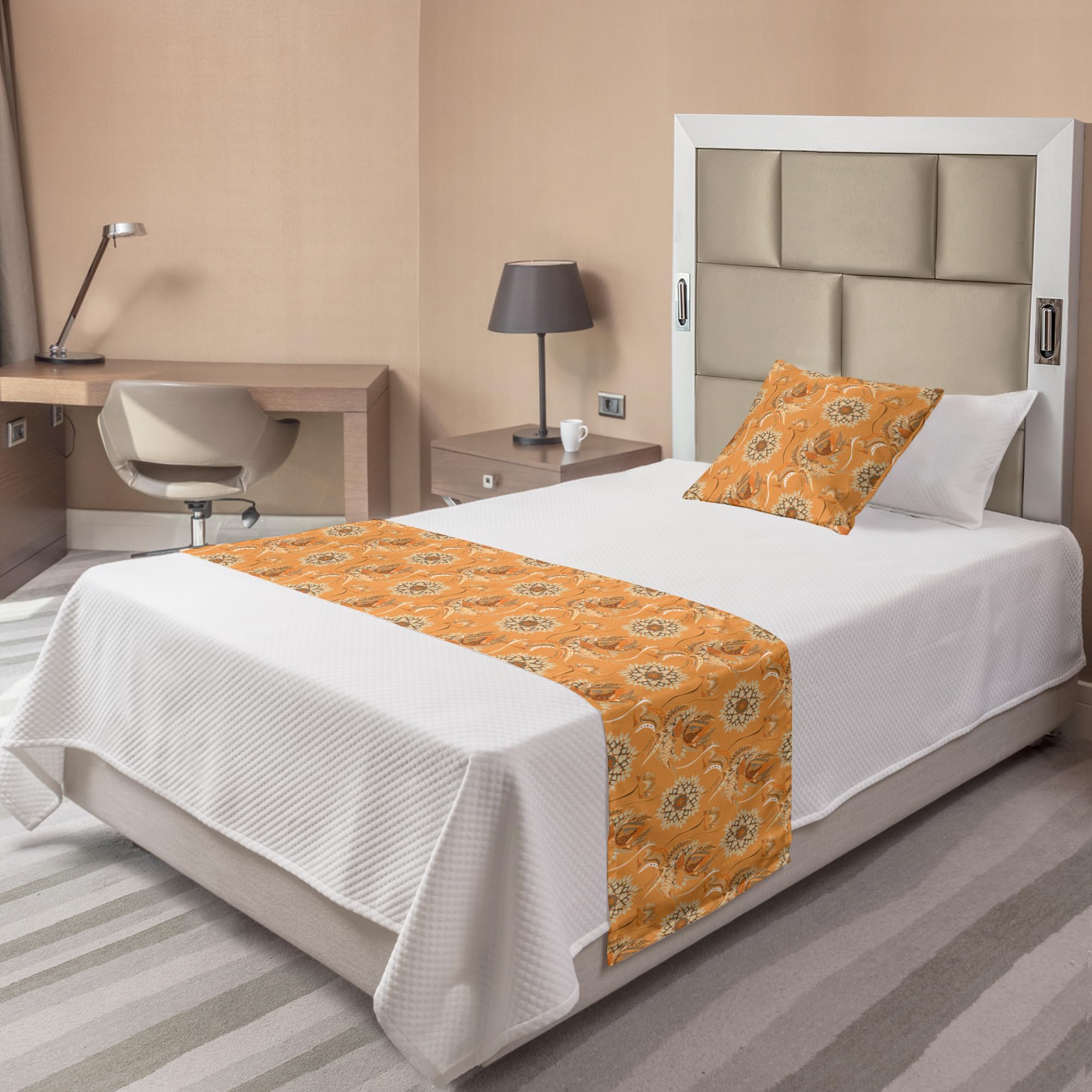 Ambesonne Tan and Brown Bed Runner Set with Ottoman Garden Floral Pattern - Decorative Bedding Scarf & Pillow Sham for Twin Beds | Perfect for Hotels, Homes, and Guest Room Decor (Orange, Tan, Brown)
