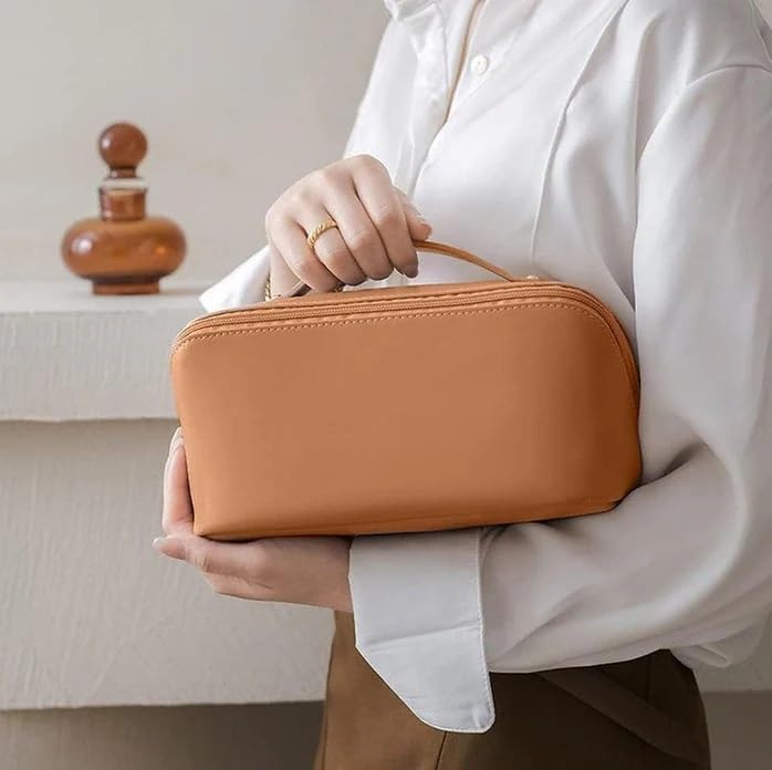 JRM Women’s Large Waterproof Leather Cosmetic Travel Bag - Spacious Makeup Organizer with Wide Opening, Dividers & Handle (Cross Open, Brown) | Perfect for Travel, Gym & Daily Makeup Storage