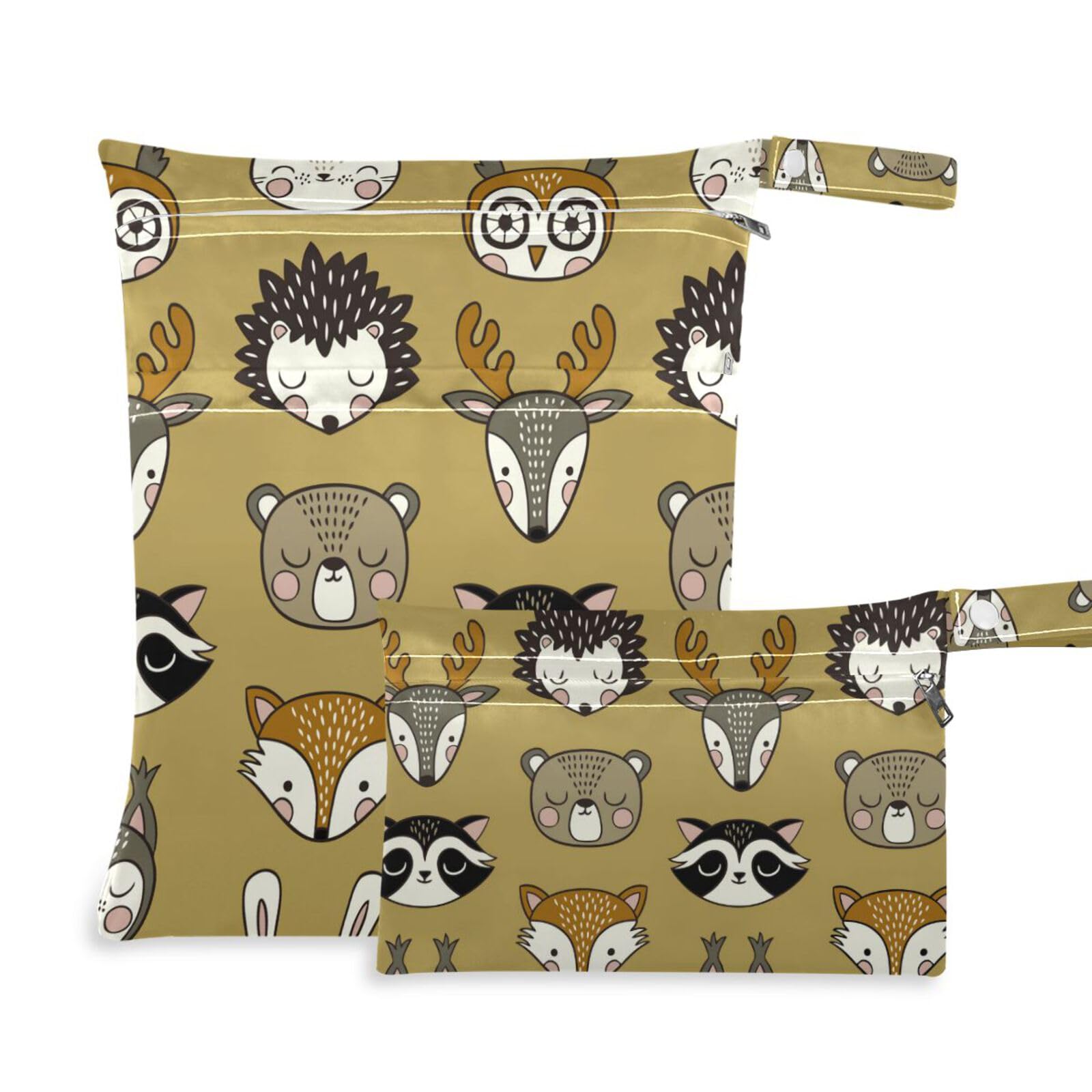 Waterproof Reusable Wet Dry Bags with Two Zippered Pockets - Cute Woodland Animals (Owl & Bear) Design - Perfect for Baby Diapers, Swimsuits & Dirty Clothes - Ideal for Travel, Beach, Pool & Gym - 2 Pack Baby Stroller Accessories & Storage Solution