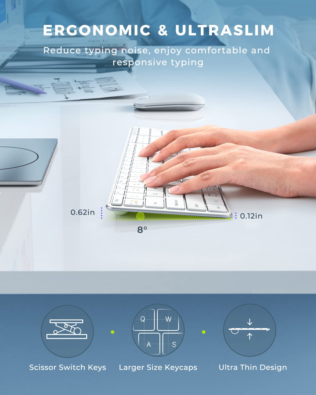 Seenda JP-064-3 Rechargeable Wireless Bluetooth Keyboard & Mouse Combo - Ultra Slim Multi-Device Keyboard Mouse Set for Windows, Mac, Laptop, Tablet, iPad (QWERTY UK Layout, White/Silver) - Perfect for Home Office, Remote Work & Travel
