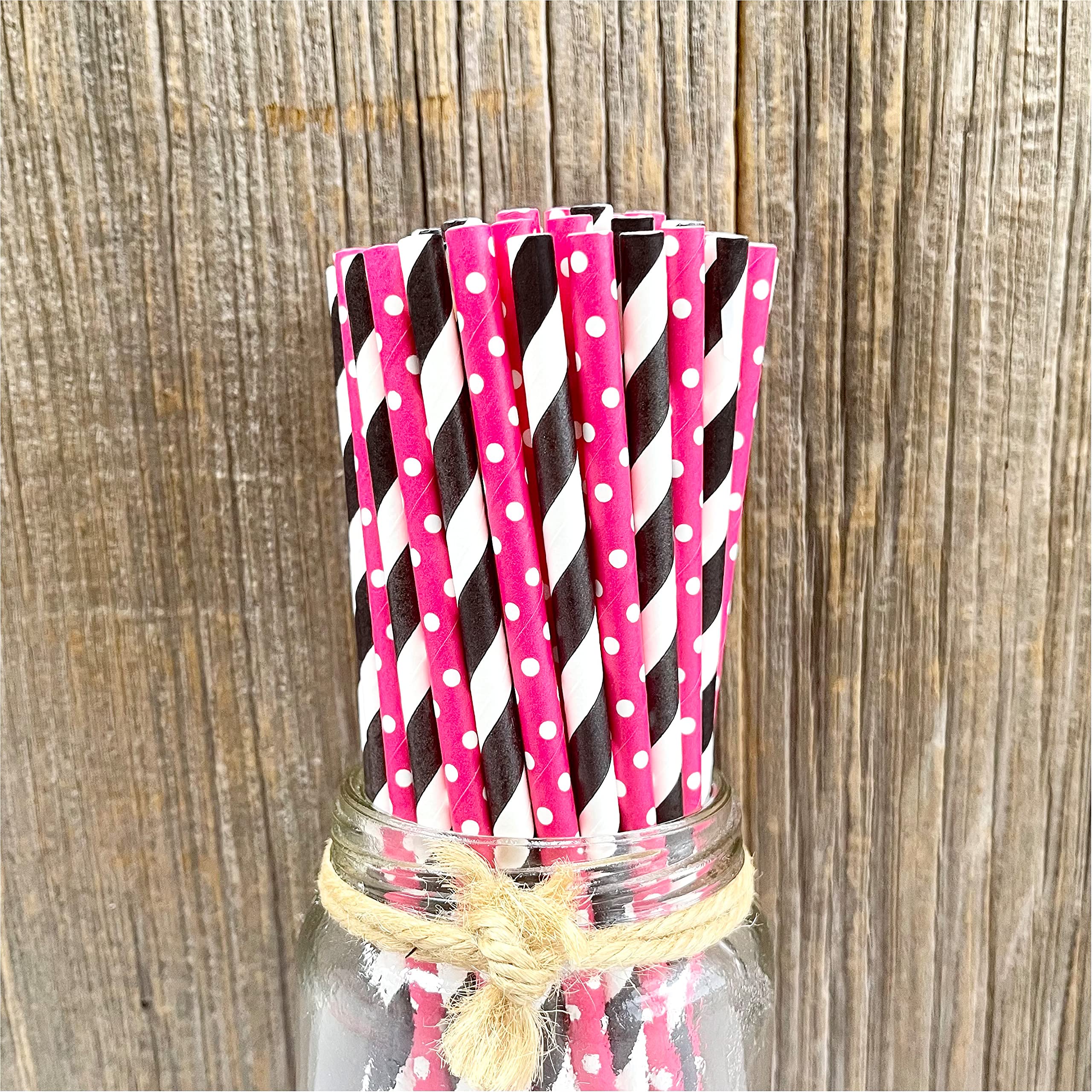 Diva Theme Stripe & Polka Dot Paper Straws 7.75 Inch - 100 Pack Hot Pink, Black & White - Perfect for Birthday Parties, Baby Showers & Wedding Decorations