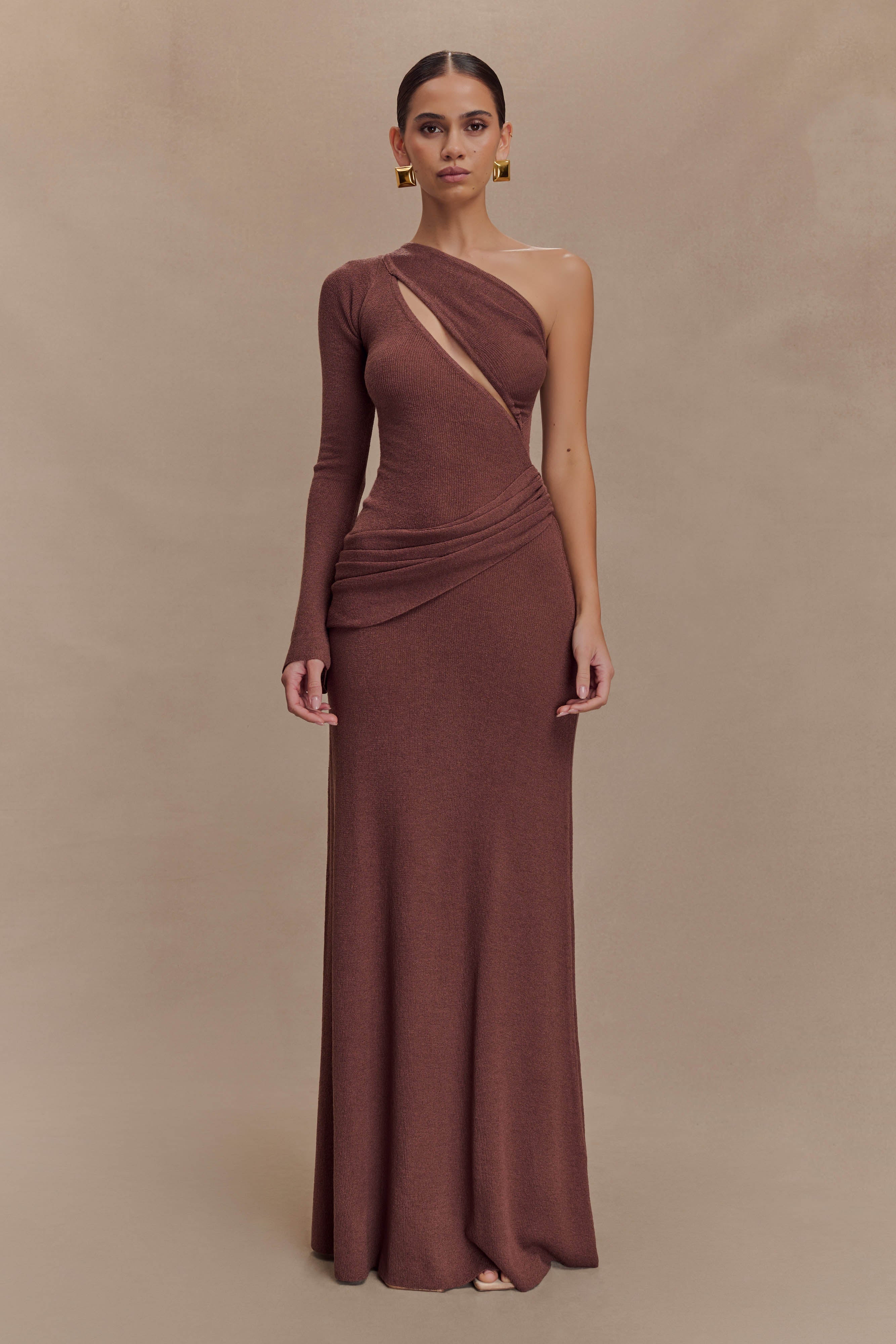 Alexius One Shoulder Knit Maxi Dress in Nutmeg - Elegant Women's Summer Beach Dress for Vacation & Evening Parties
