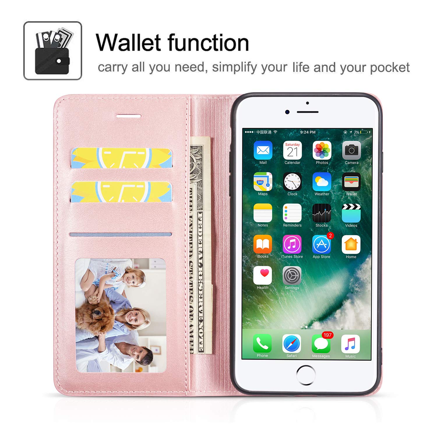 Premium PU Leather Flip Wallet Case for iPhone 6 Plus/6S Plus - Shockproof TPU Bumper with Card Holder & Kickstand | Hidden Magnetic Adsorption | Rose Gold | Perfect for Business, Travel & Daily Protection
