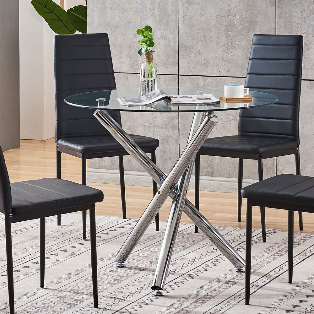5-Piece Round Glass Dining Table Set with Black Faux Leather Chairs for 4 - Space-Saving Kitchen & Small Apartment Furniture (1 Table + 4 Chairs) | Perfect for Breakfast Nook, Compact Dining Areas & Cozy Meals