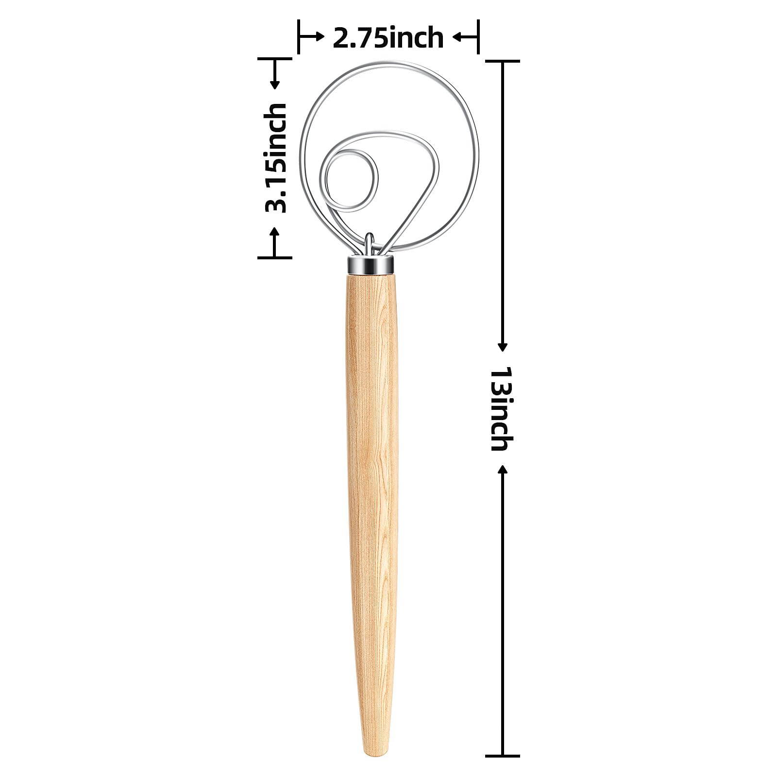 13-Inch Danish Dough Whisk - Premium Wooden Bread Mixing Tool with Stainless Steel Hook - Traditional Dutch Whisk for Sourdough, Pizza Dough, Pastry & Cake Batter (Rubberwood Handle, Silver) - Perfect for Home Bakers & Professional Kitchens