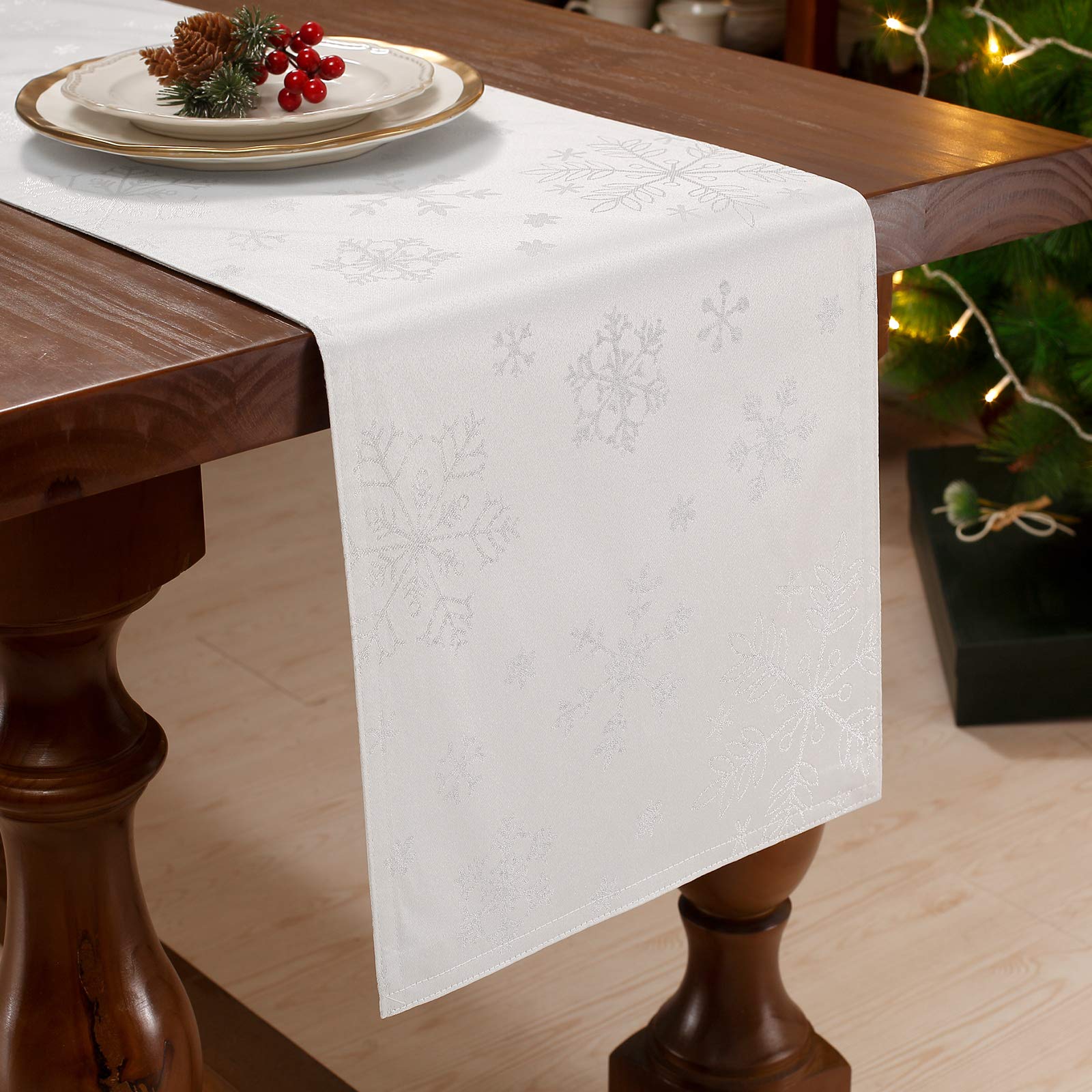 HARORBAY 13 x 72 Inch White Snowflake Embroidery Table Runner - Farmhouse Silver Dresser Scarf for Dining Table, Kitchen, Coffee Table - Perfect for Winter Holiday Decor, Christmas Party & Home Decor (Icey Series)