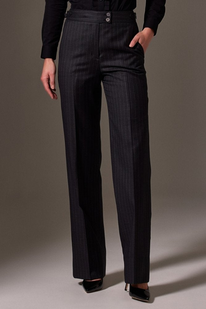 Emma Wide Leg Pants - Charcoal Pinstripe Wool Trousers for Women | Office Wear, Business Casual & Winter Work Outfits