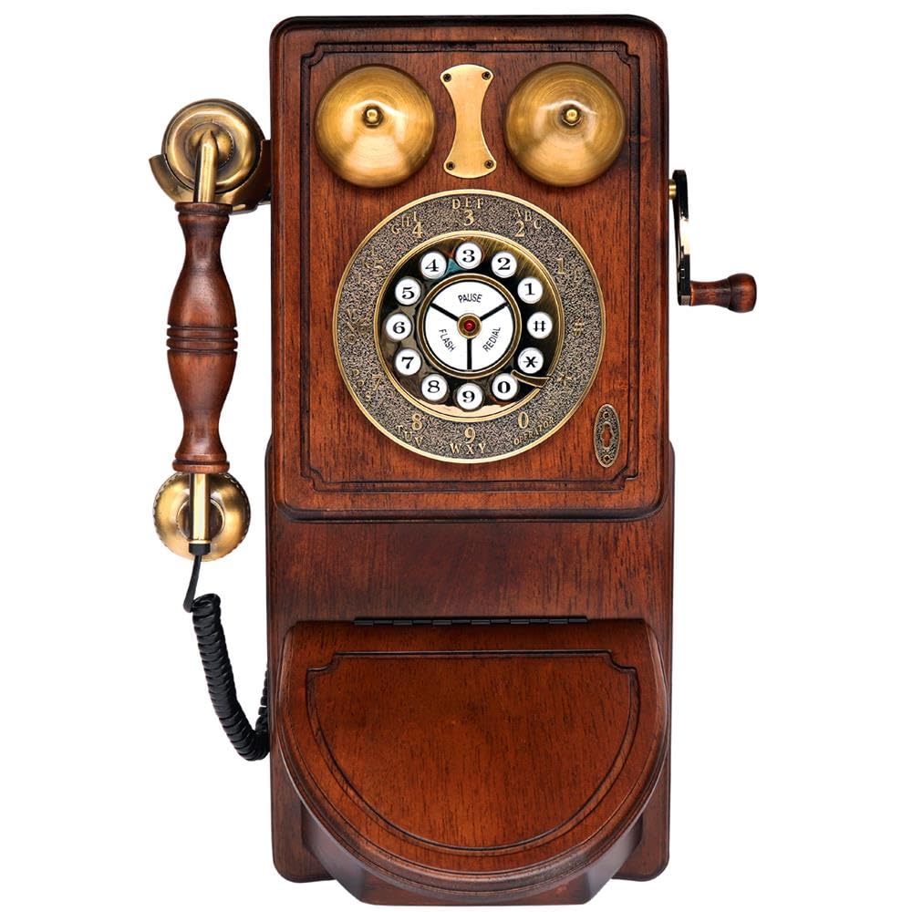 Vintage Retro Wall-Mount Corded Telephone with Crank Handle - Classic Antique Landline Phone, Tone/Pulse Switch, Redial Function, Handcrafted Wood & Veneer - Perfect for Home Decor, Office, or Vintage Themed Spaces