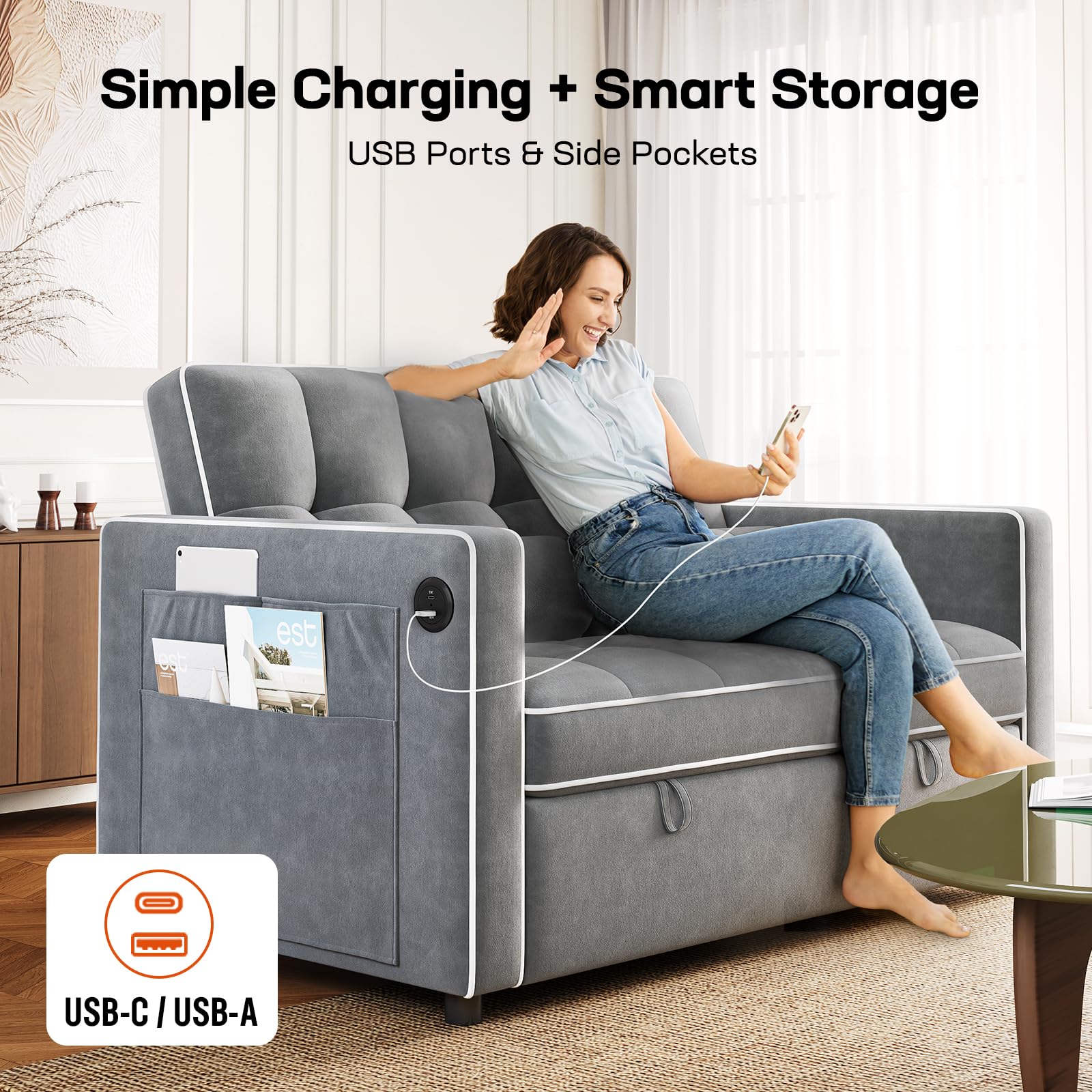 Amada 3-in-1 Convertible Sleeper Sofa Bed with USB Ports & Storage Pocket - Velvet Fabric Adjustable Backrest Futon Couch for Living Room, Guest Room & Small Spaces - Pull Out Loveseat Sectional Sofa Bed in Grey