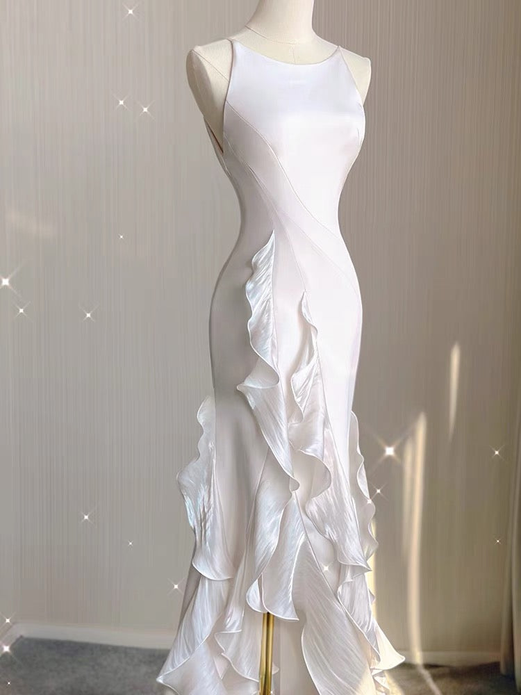 Elegant Mermaid Ruffle White Wedding Dress - Long Prom Gown J3181 for Brides, Formal Events & Special Occasions