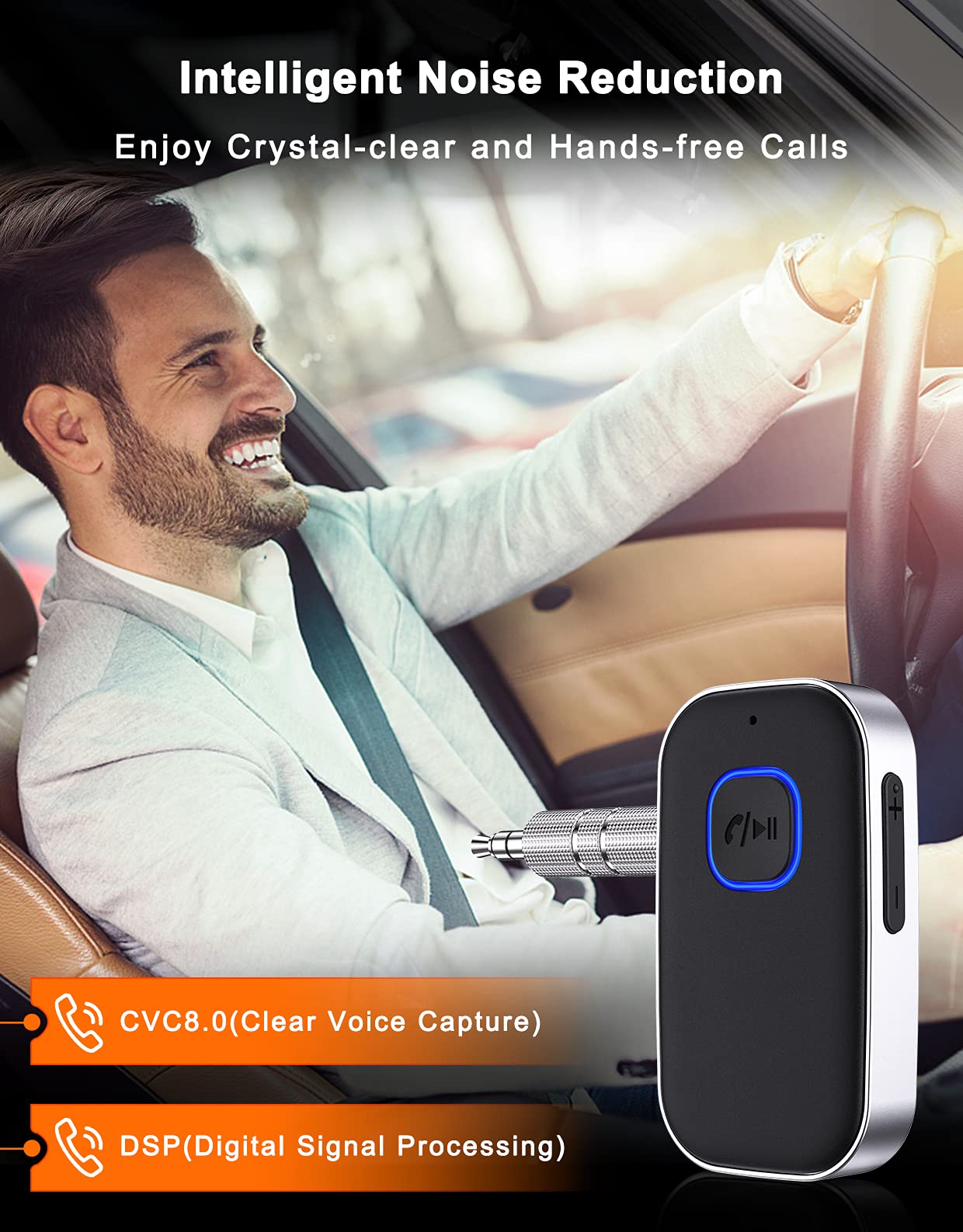 Bluetooth 5.0 Car Receiver with Noise Cancellation - Wireless AUX Adapter for Hands-Free Calling & Music Streaming - Perfect for Commuting, Road Trips & Older Car Audio Systems