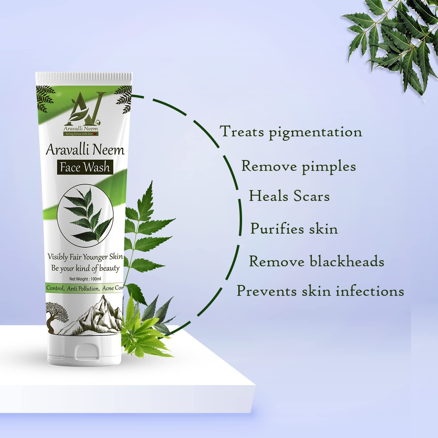Aravalli Neem Face Wash for Oily & Acne-Prone Skin - 200ml (Buy 1 Get 1 Free 100ml) | Brightening & Clarifying Cleanser for Men & Women | Suitable for Normal to Sensitive Skin | Daily Skincare Routine & Morning/Evening Face Cleansing