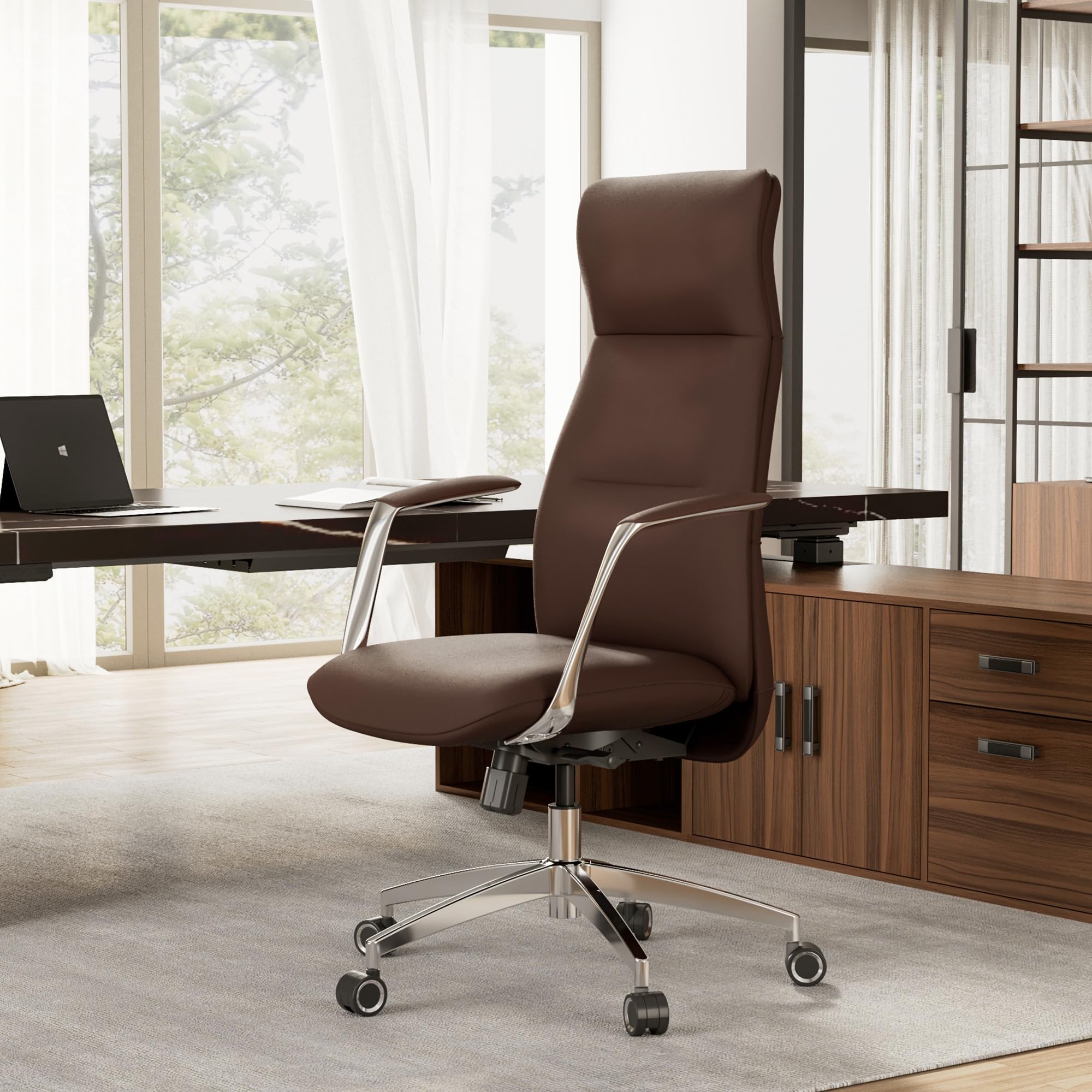 Premium High Back Executive Office Chair - Brown Genuine Leather Ergonomic Desk Chair for Adults, Big & Tall with 360° Swivel & Smooth-Rolling Wheels - Perfect for Home Office, Conference Rooms & Corporate Workspaces