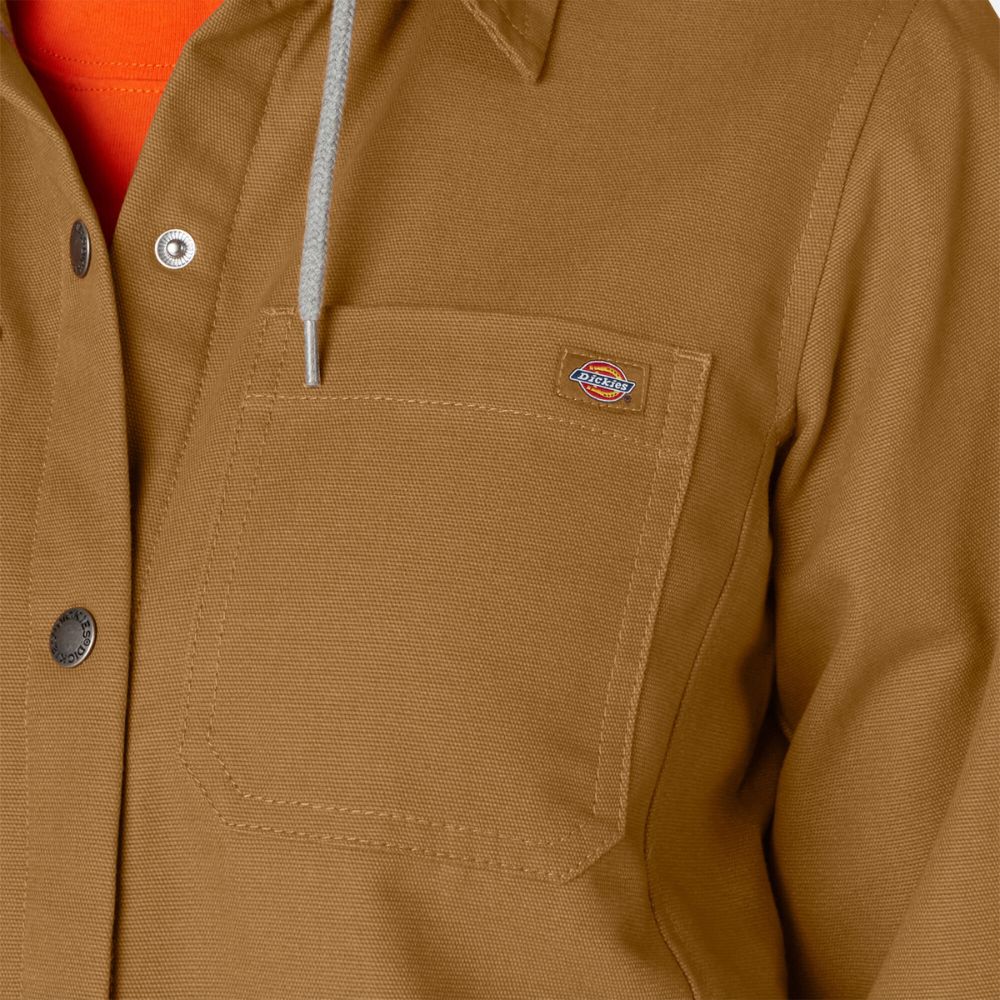Dickies Women's Duck Hooded Shirt Jacket - Brown FJ077 | Water-Resistant Workwear for Outdoor Activities & Casual Wear
