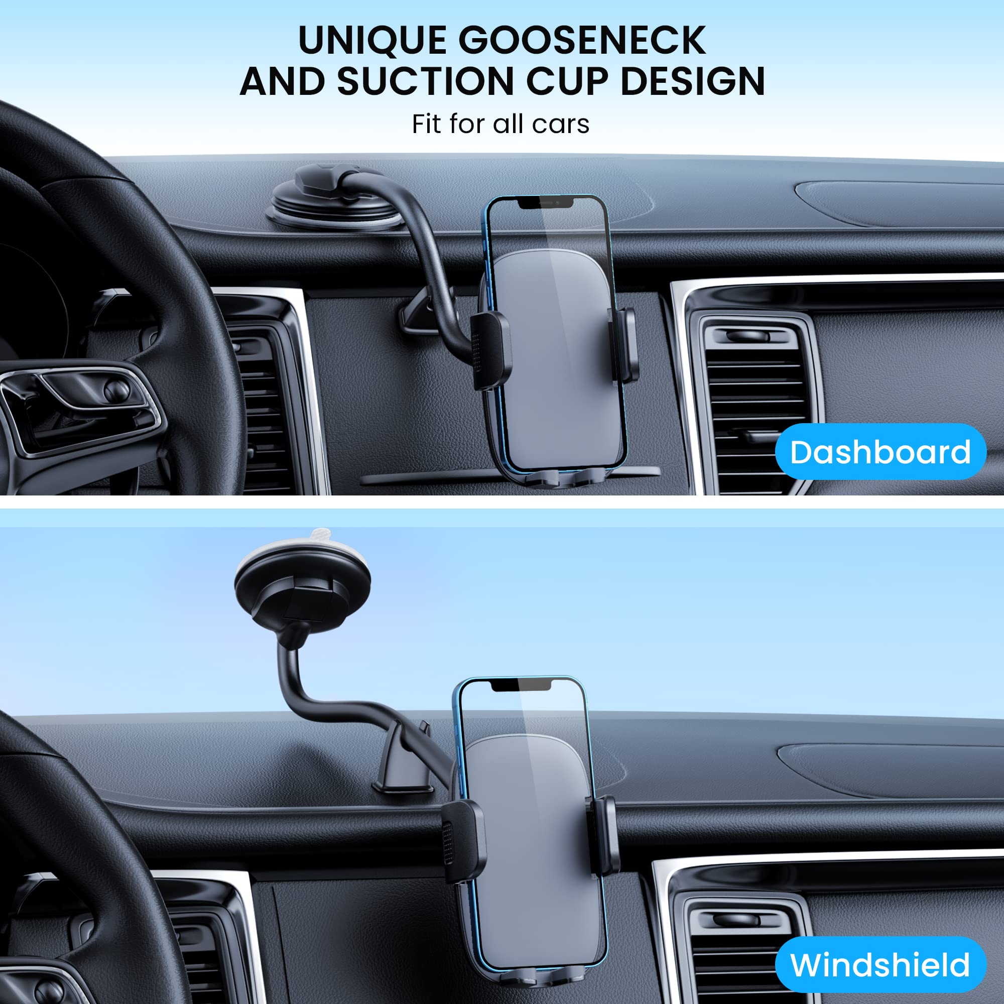 Qifutan Long Arm Car Phone Holder - Anti-Shake Dashboard & Windshield Mount for iPhone, Samsung, Smartphones (Grey) - Perfect for GPS Navigation, Hands-Free Calling & Road Trips