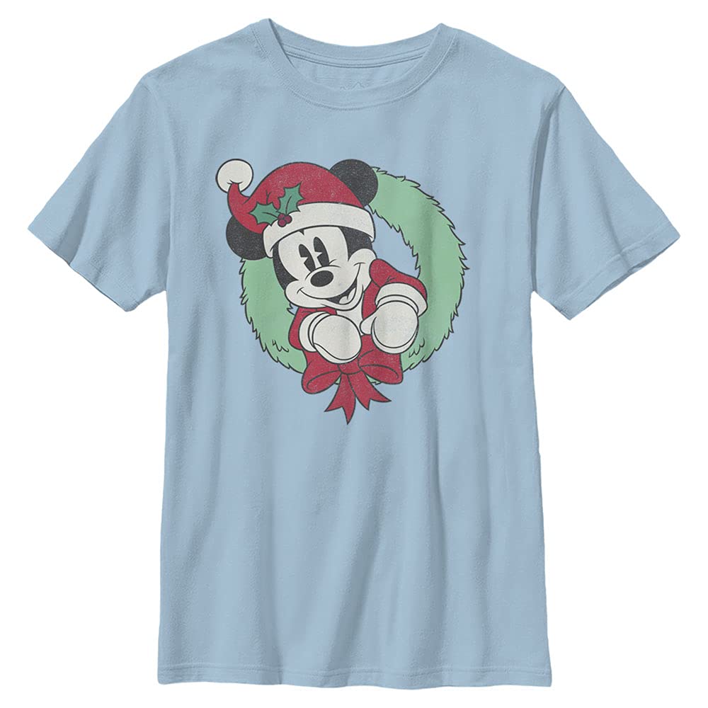 Vintage Mickey Mouse Wreath Graphic Boys' Solid Color Crewneck T-Shirt - Disney Character Apparel for Casual Wear & Theme Park Outfits