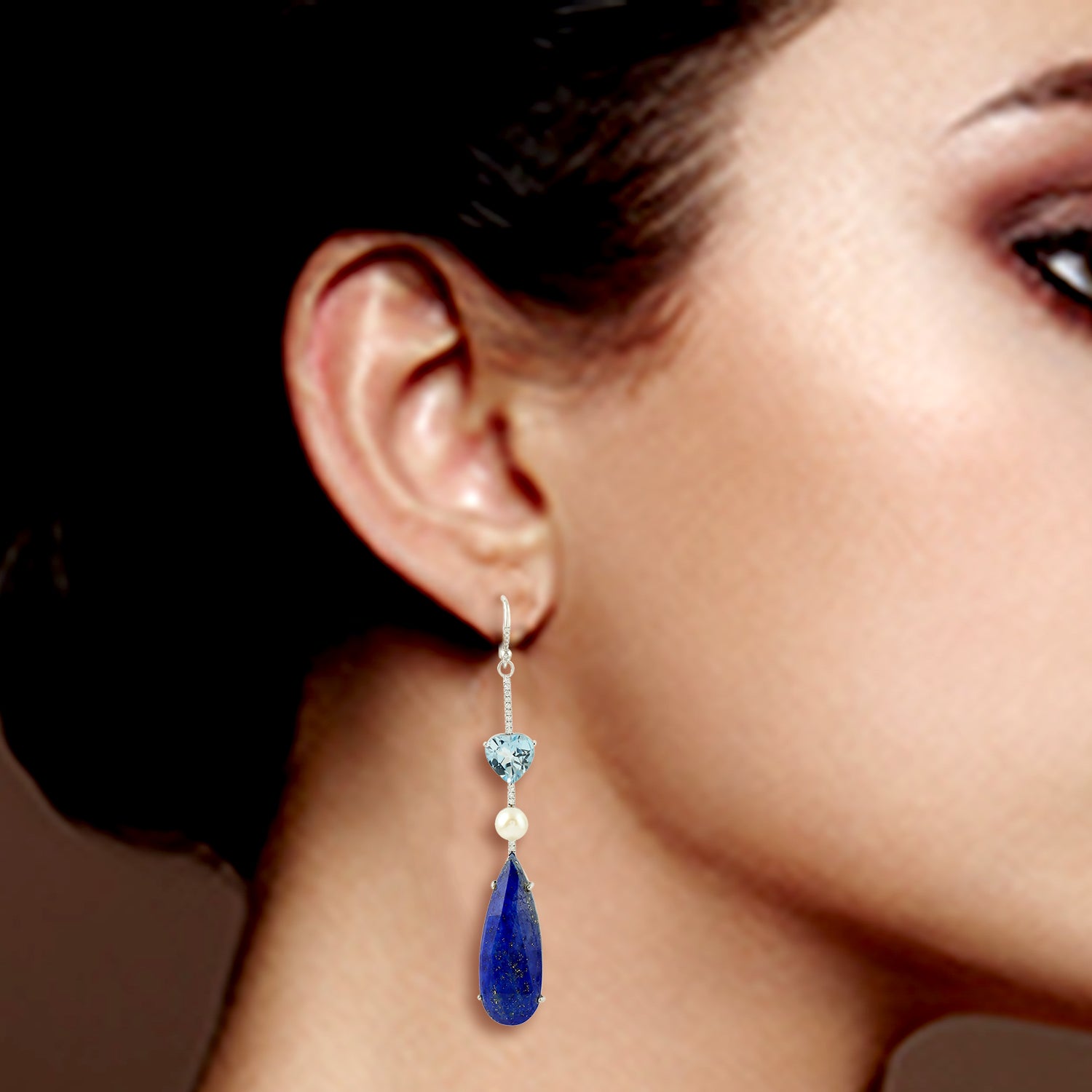 18K White Gold Lapis Topaz Pearl Diamond Mismatch Hook Earrings - Elegant Statement Jewelry for Parties, Weddings & Special Occasions