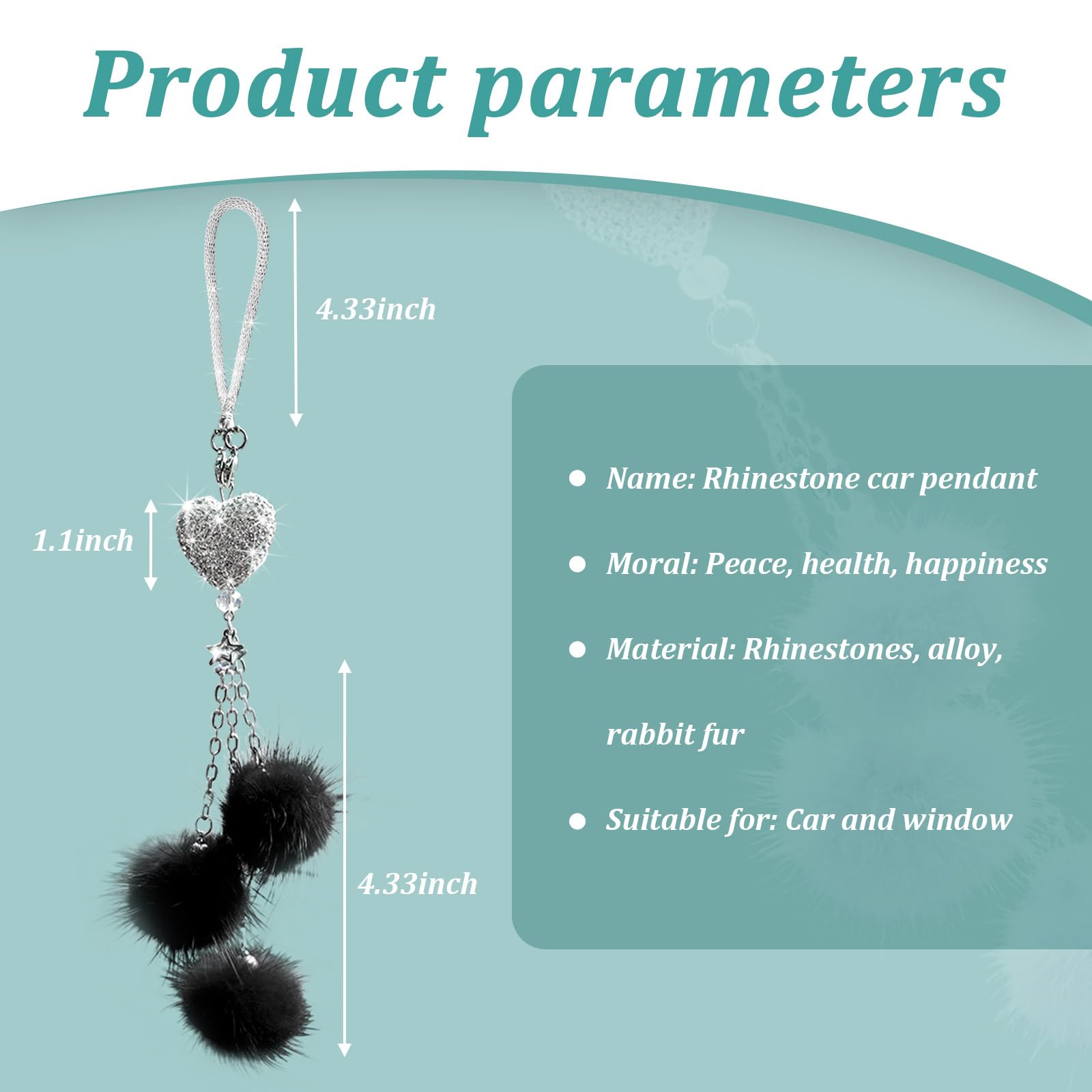 Sparkling Diamond Heart Car Mirror Hanging Ornament - Elegant Love Heart & Pink Plush Ball Charm Pendant for Women (Black) | Car Interior Accessories & Decor for Valentine's Day, Anniversary Gifts, Birthday Presents