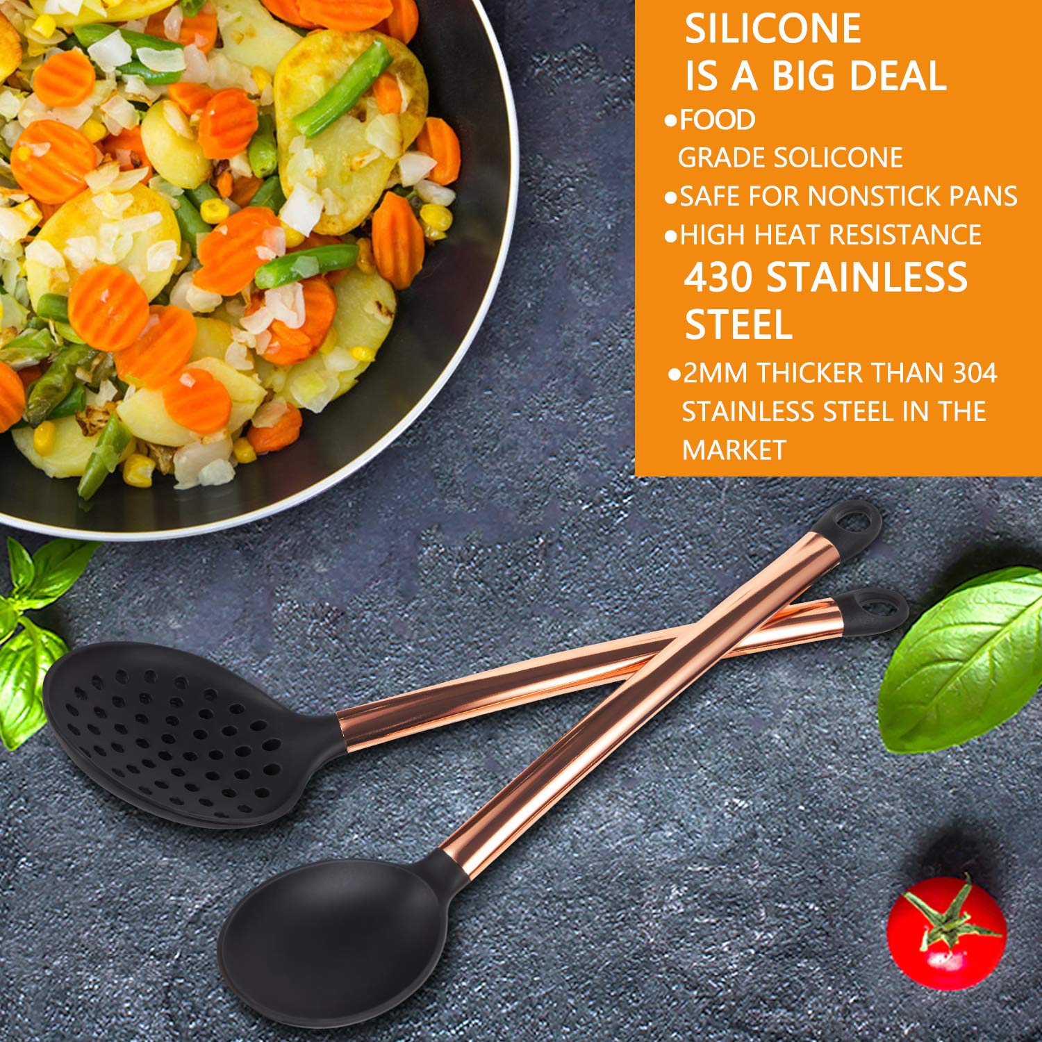 14-Piece Silicone Cooking Utensil Set with Holder - Non-Stick, Heat Resistant Kitchen Tools (Gold Black) - BPA Free, Non-Toxic Cookware for Baking, Frying & Everyday Cooking - Includes Turner, Tongs, Spatula & Spoon with Stainless Steel Handles