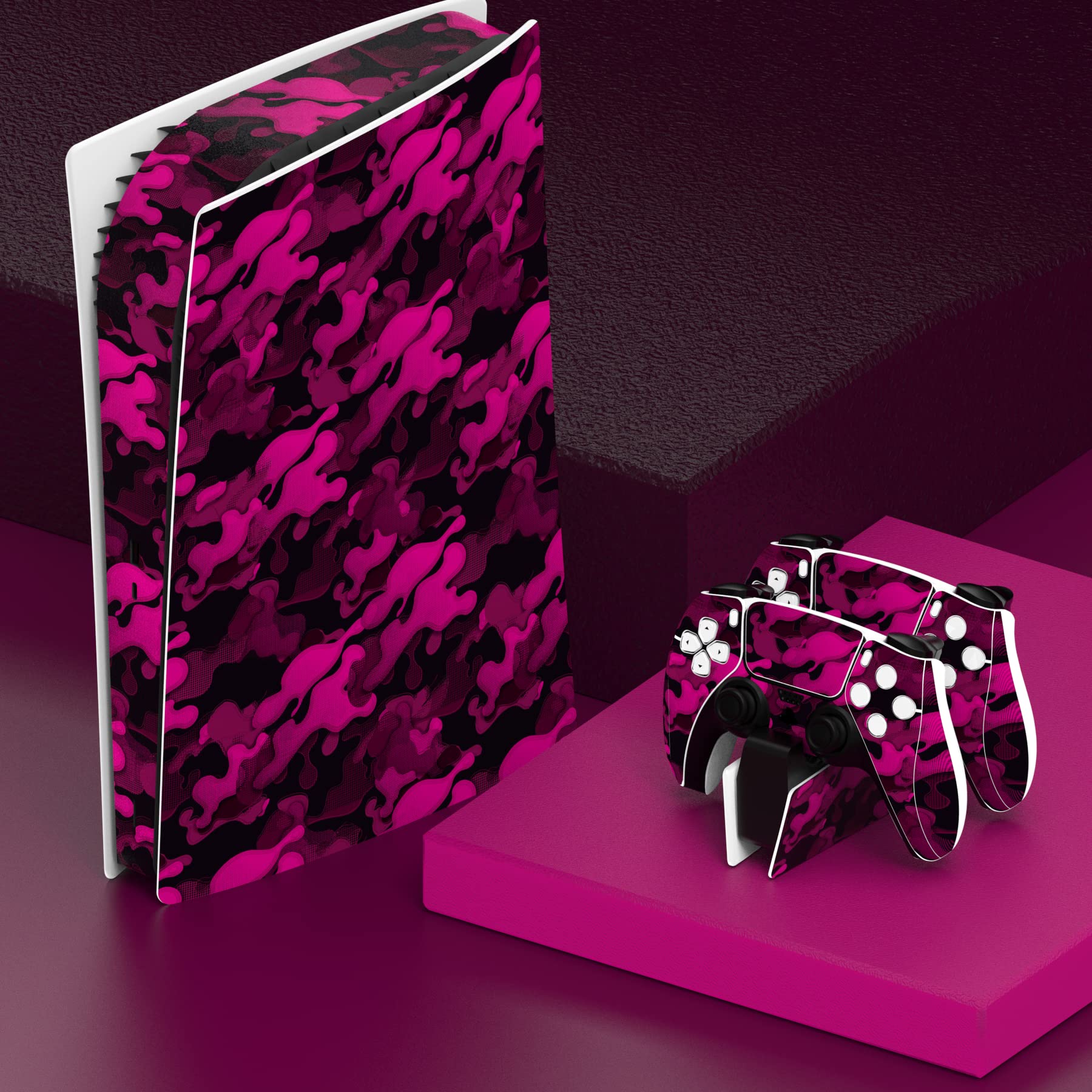 PlayVital Rose Red Black Camouflage Full Skin Decal Set for PS5 Digital Edition Console - Vinyl Sticker Cover for PS5 Controller, Charging Station, Headset & Media Remote - Perfect for Gaming Setup & Customization