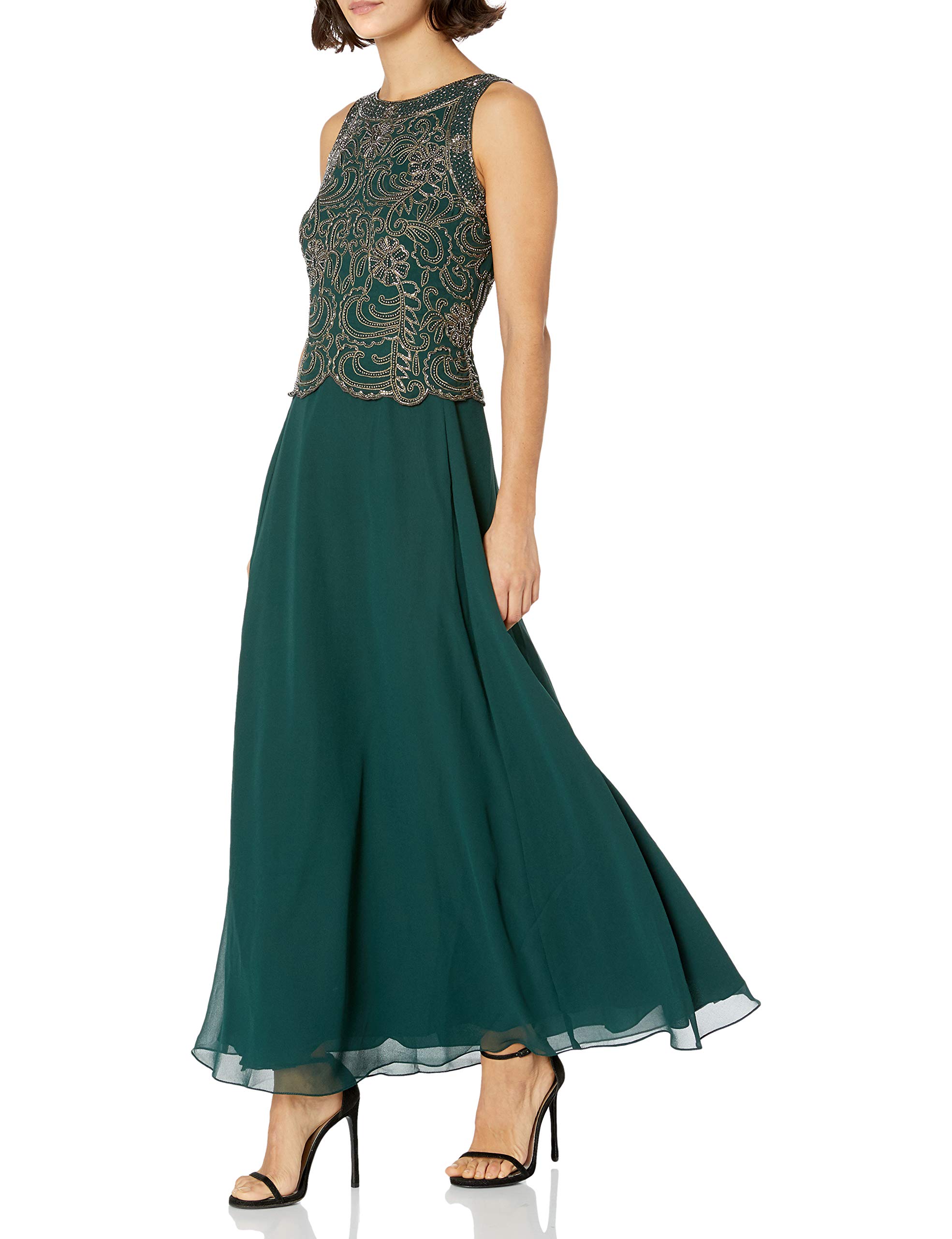 J Kara Women's Petite Sleeveless Scallop Neck Beaded Maxi Dress with Detachable Scarf - Elegant Evening Gown for Weddings, Parties & Special Occasions