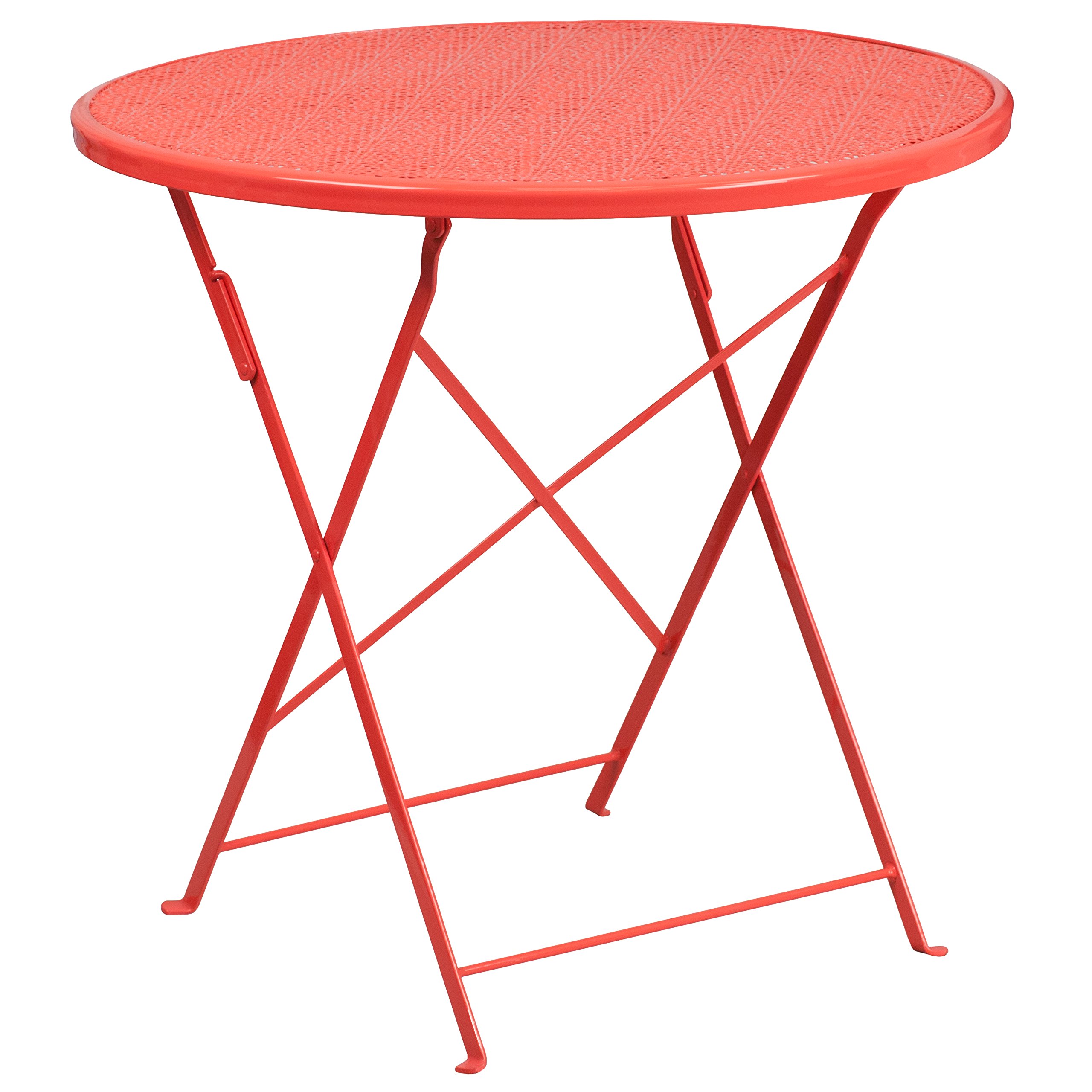 EMMA + OLIVER 30 Inch Round Coral Steel Folding Table - Heavy Duty Commercial Grade Indoor Outdoor Patio Dining Table for Restaurant, Cafe, Garden, Poolside & Backyard