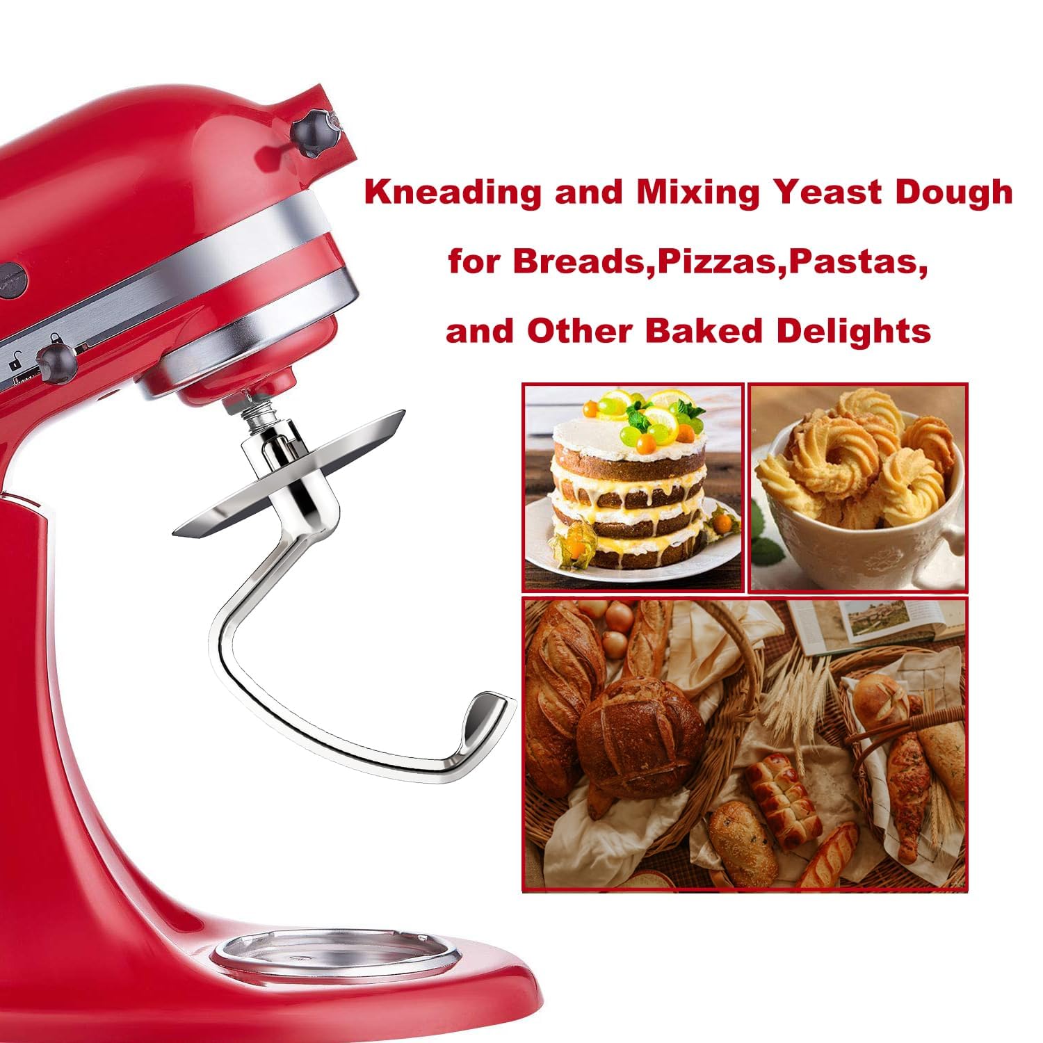 Stainless Steel Dough Hook Attachment for KitchenAid Mixer - Compatible with 4.5-5QT Tilt-Head Bowls, Classic/Classic Plus/Artisan Series (K45SS,KSM75,KSM90,KSM95,KSM150) | Dishwasher Safe | Perfect for Baking Bread, Cookies & Pastries