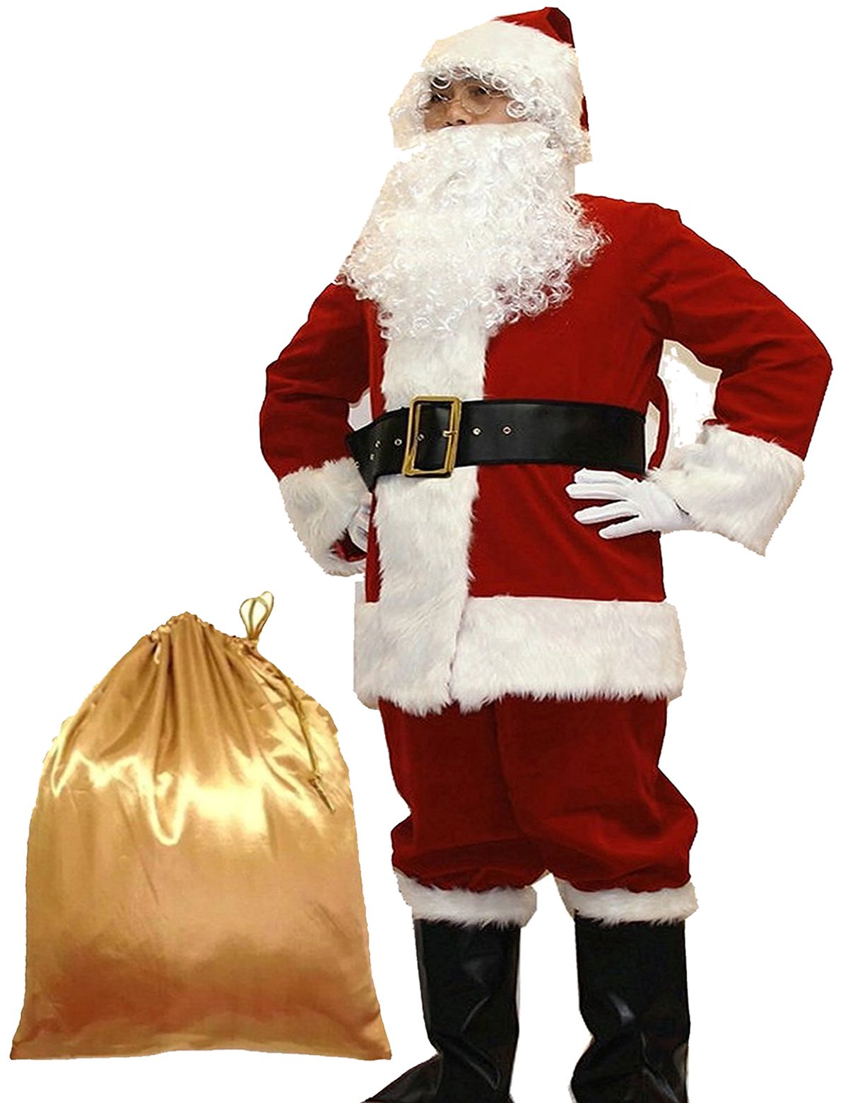 Potalay Men's Deluxe Santa Suit 11-Piece Set - Red Velvet Adult Santa Claus Costume with Hat, Belt & Boot Covers for Christmas Parties & Holiday Events