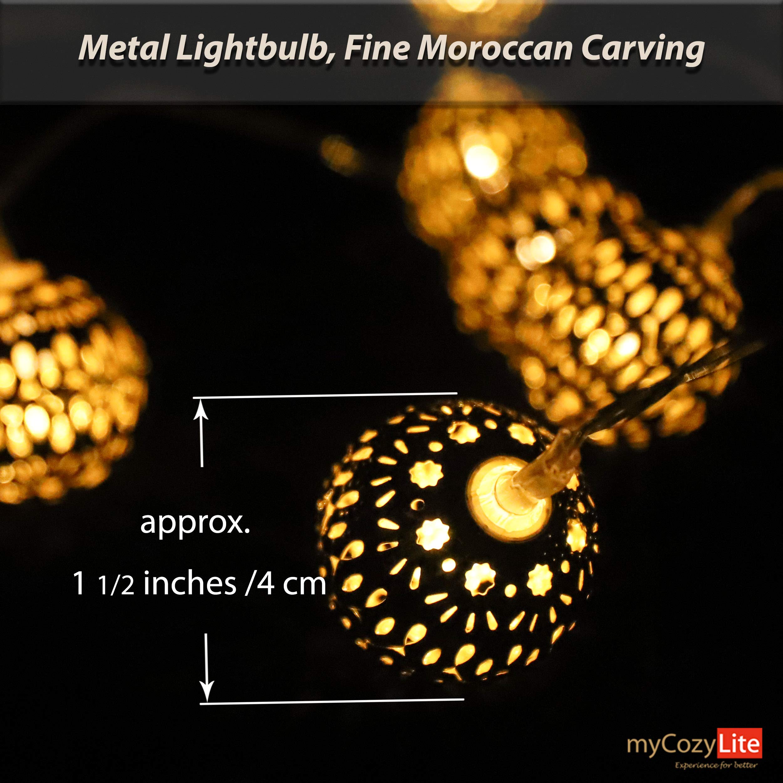 myCozyLite LED Globe String Lights - 10ft Warm White Moroccan Fairy Lights with Timer, 20 Golden Metal Globes, Battery Powered for Bedroom, Wedding, Party & Outdoor Decor