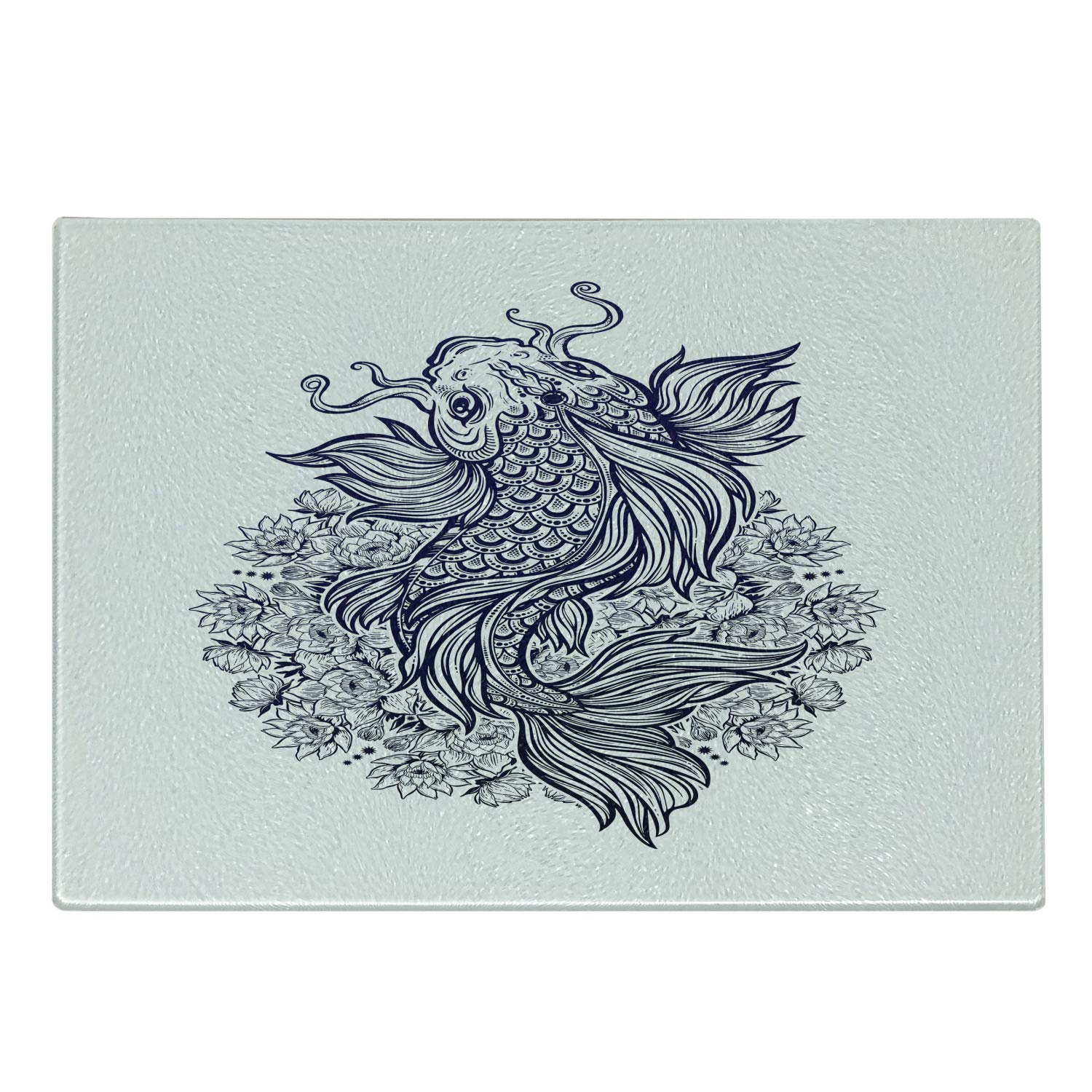 Ambesonne Koi Fish Cutting Board - Hand-Painted Dark Blue Koi Carp with Lotus Mandala Design - Durable Tempered Glass Serving & Charcuterie Board - Small Size Indigo White - Perfect for Sushi Presentation, Cheese Platters & Kitchen Decor