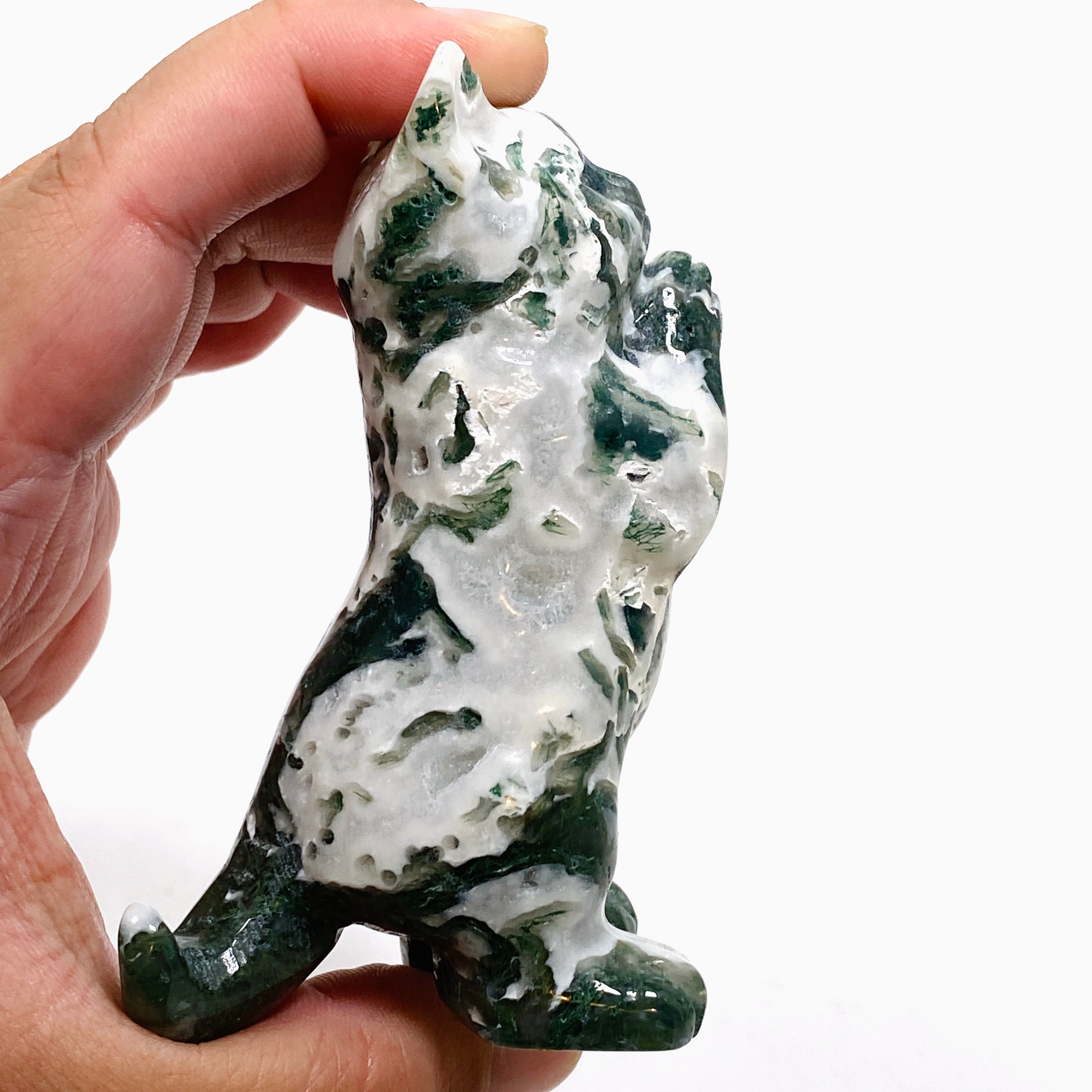 Natural Moss Agate Cat Carving Handmade Figurine - MAC 04 - Spiritual Healing Stone for Home Decor, Meditation & Gifts