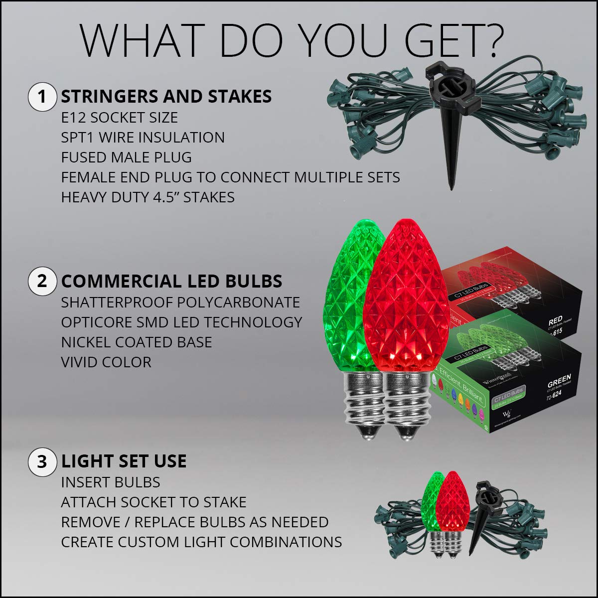 Wintergreen Lighting 100ft OptiCore LED C7 Red & Green Christmas Pathway Lights - Outdoor Driveway Decorations with 4.5