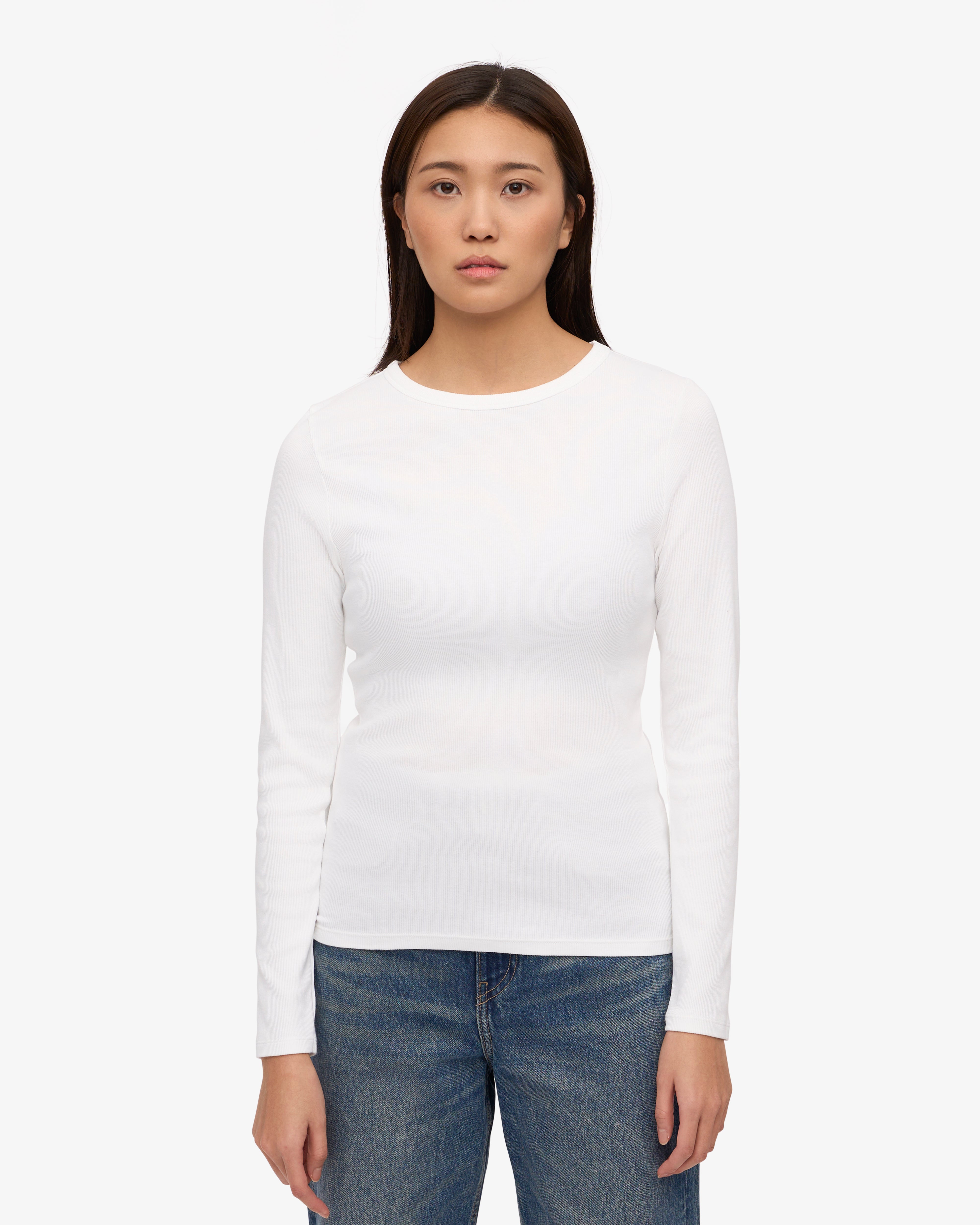 Organic Women's Long Sleeve Ribbed T-Shirt in Optical White - Perfect for Casual Wear, Layering & Everyday Comfort