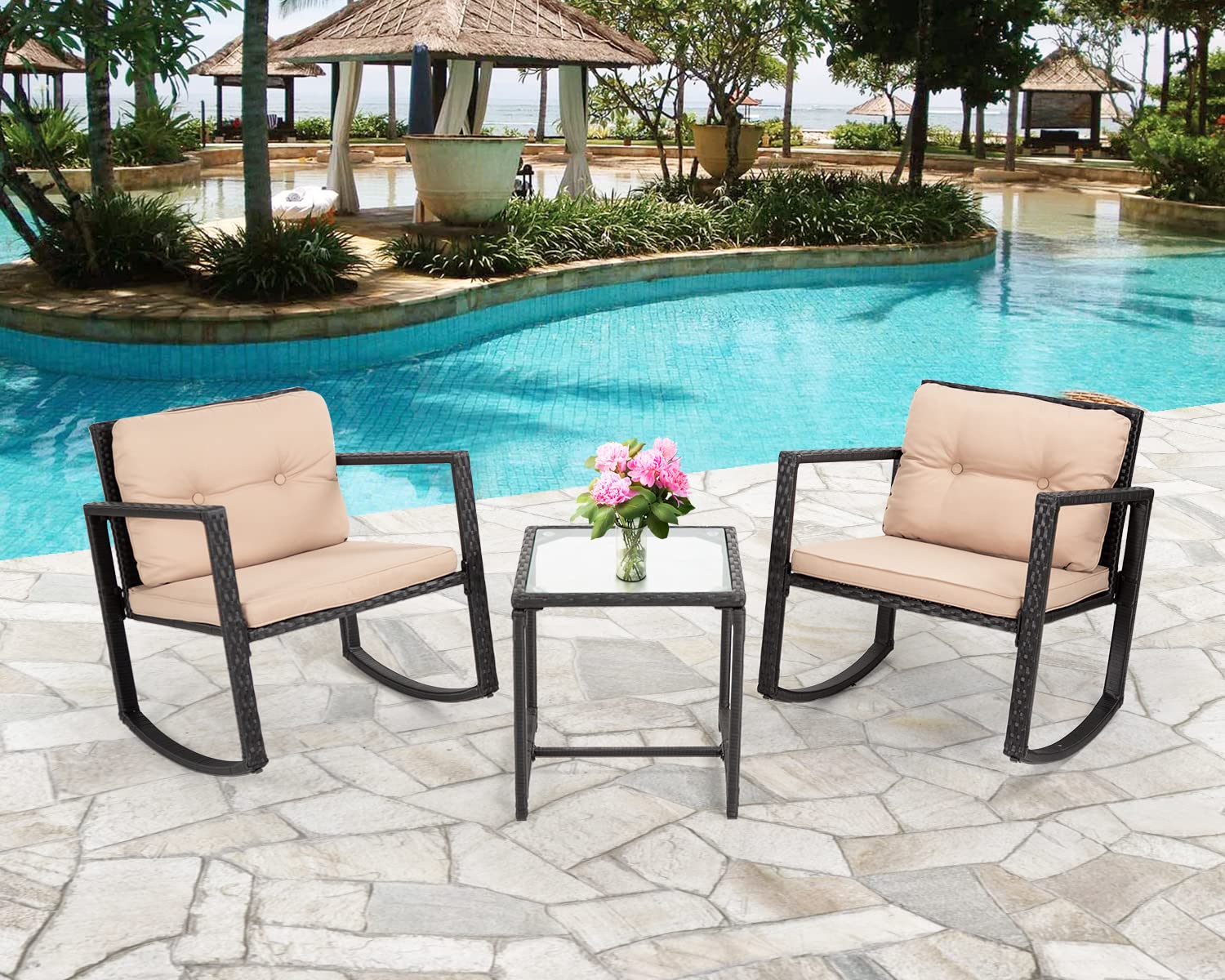 Best 3-Piece Outdoor Patio Furniture Set - PE Rattan Wicker Rocking Chairs with Glass Table - Perfect for Porch, Garden, Backyard & Poolside Relaxation