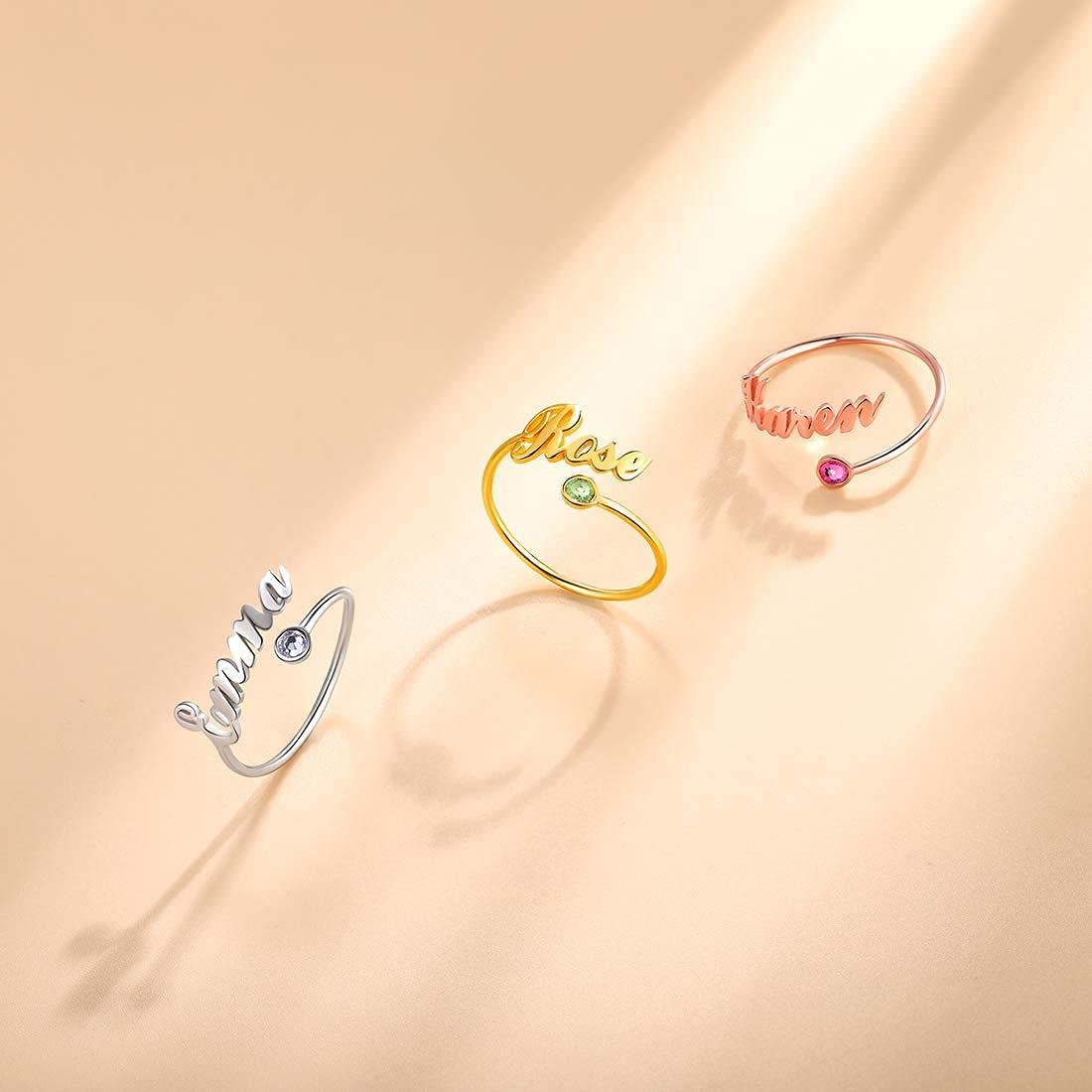 Personalized Sterling Silver Name Rings with Simulated Birthstone - Custom Engraved Adjustable Engagement Rings for Women - Perfect for Anniversaries, Valentine's Day & Special Gifts