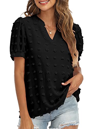 Women's V-Neck Puff Short Sleeve Blouse - Flowy Summer Tops for Casual Wear, Date Night & Office Outfits