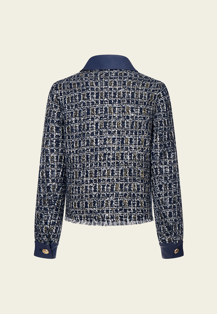Stylish Contrast Panel Rough Cut Checked Lurex Jacket for Women | Trendy Fall Outerwear | Perfect for Casual Outings and Evening Events