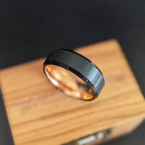 18K Tungsten Rose Gold Men's Wedding Band - 8mm Beveled Edge Comfort Fit Ring with Brushed Black & Rose Gold Interior - Durable Anniversary Gift for Him - Perfect for Weddings, Engagements, and Special Occasions